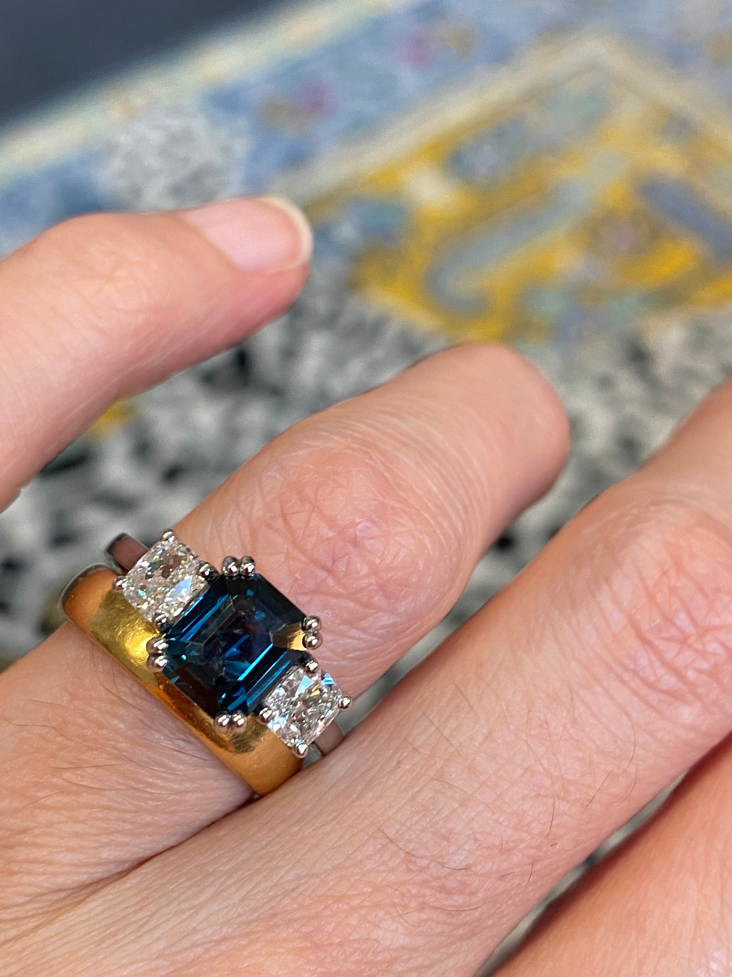 2.42 Carat Teal Sapphire and 0.97 CTW Natural Diamond Three Stone Ring in Platinum
