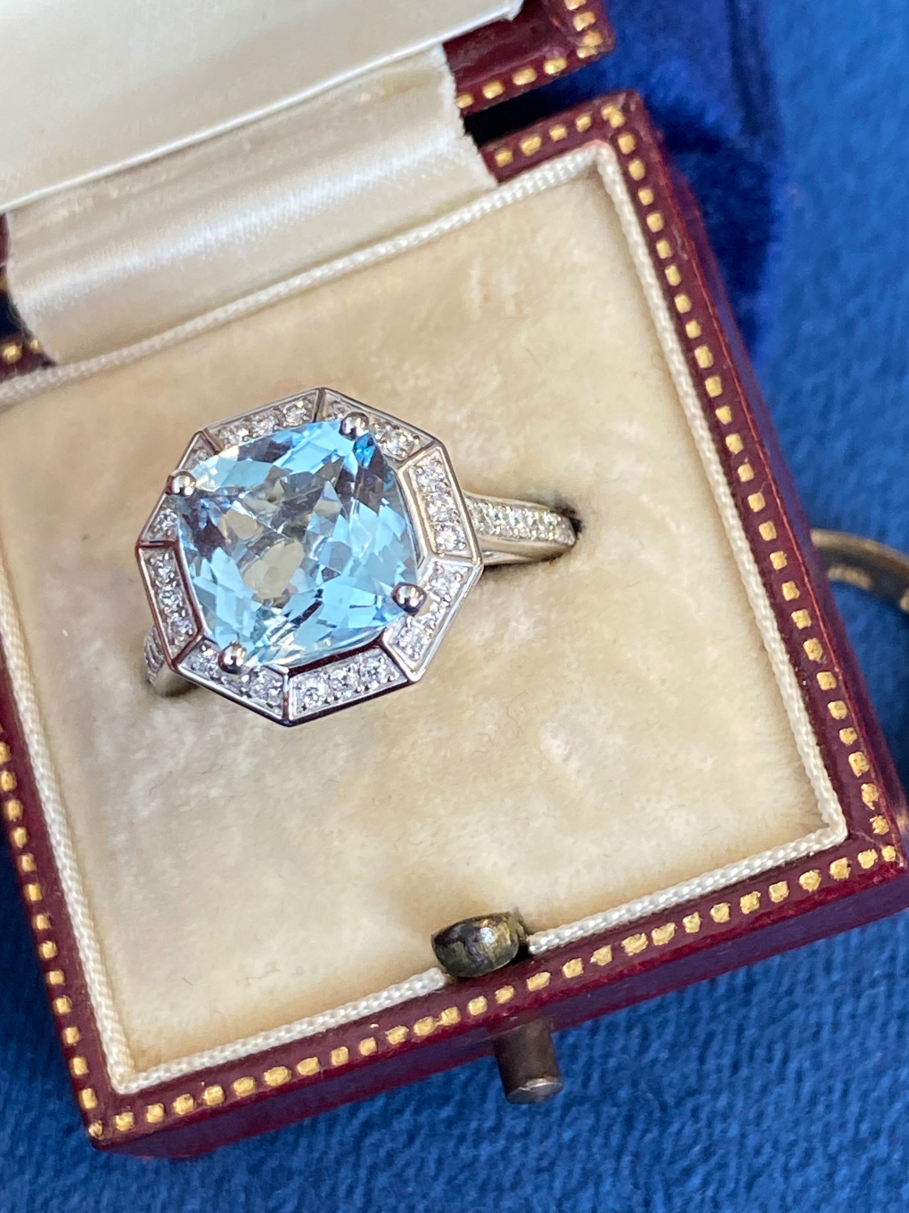 3.03 CTW Cushion Cut Art Deco Style Aquamarine and Natural Diamond Halo Engagement Ring in Platinum