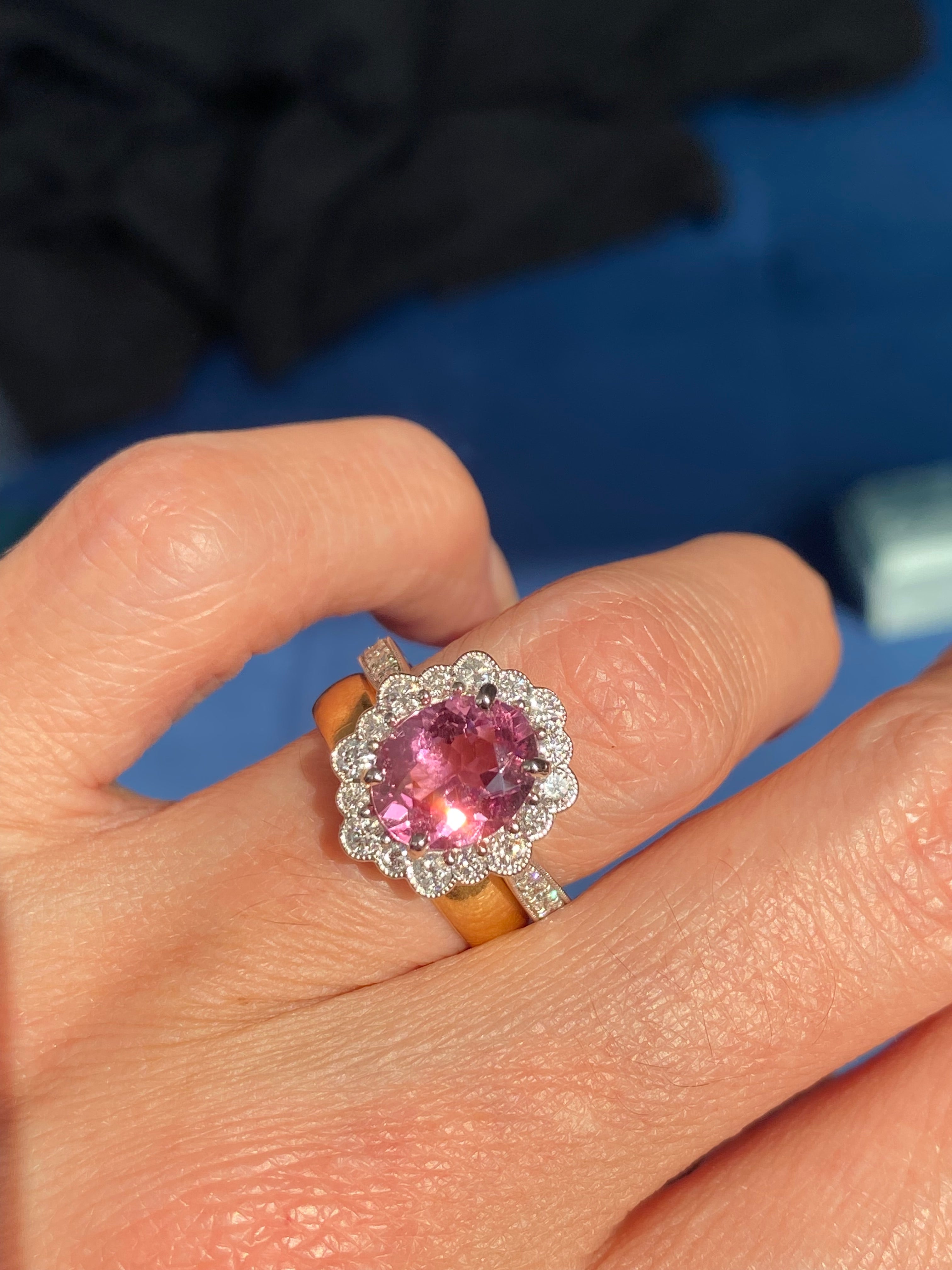 3.01 CTW Pink Tourmaline and Natural Diamond Halo Ring in Platinum