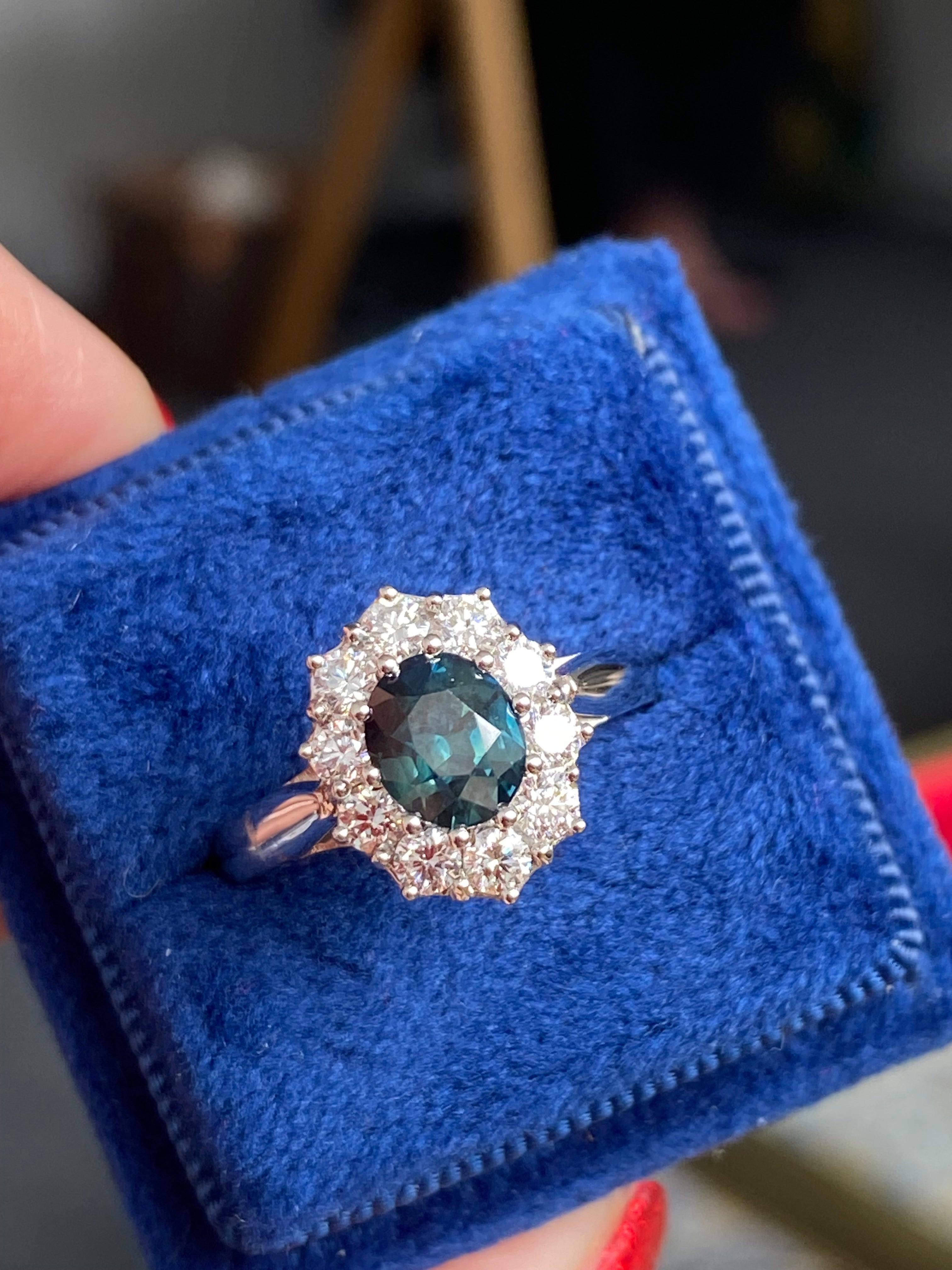 2.18 CTW Oval Cut Teal Sapphire and Natural Diamond Halo Ring in Platinum