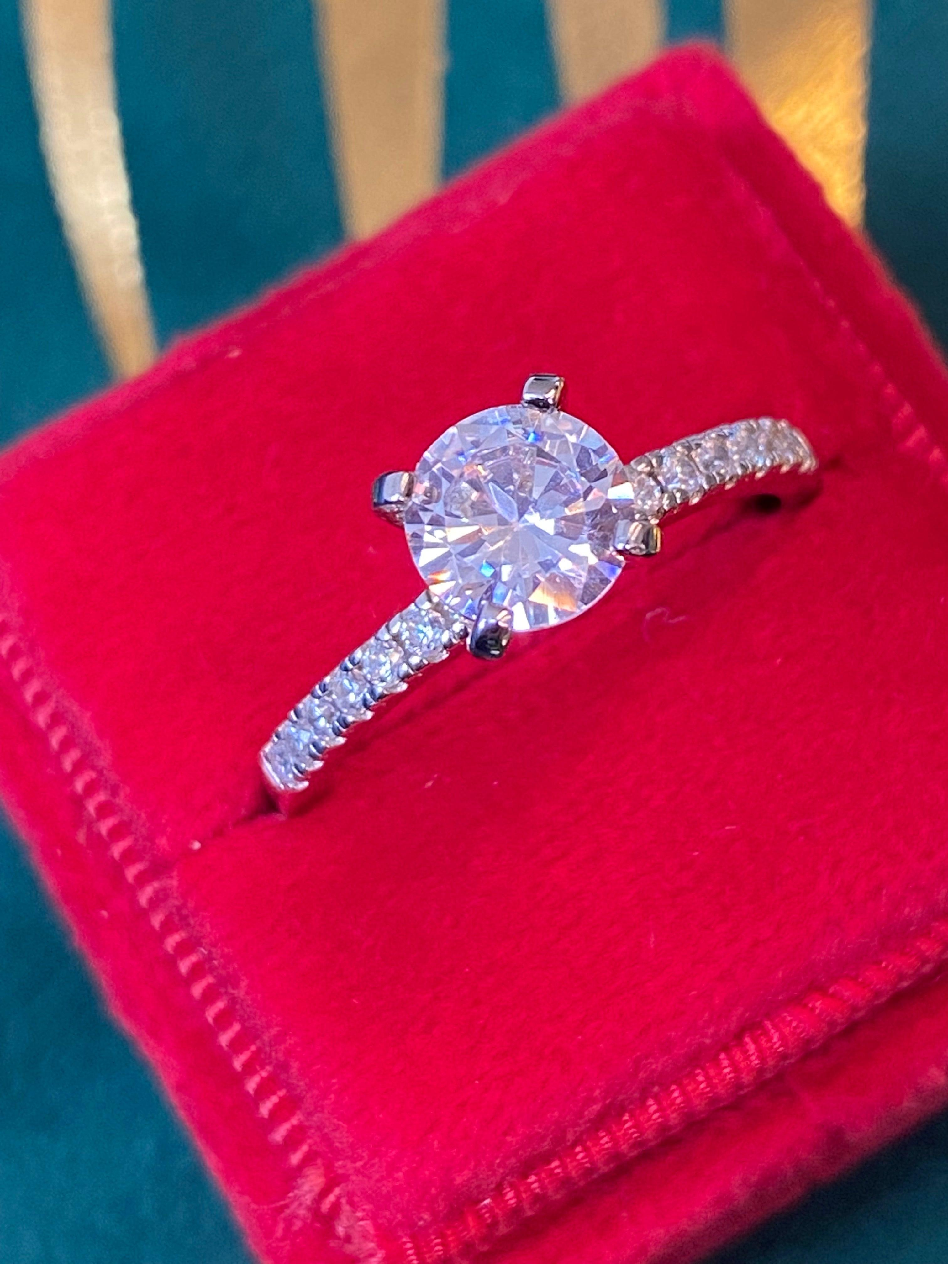 Round Cut Solitaire Moissanite Halo Engagement and Wedding / Eternity Ring Set in Sterling Silver
