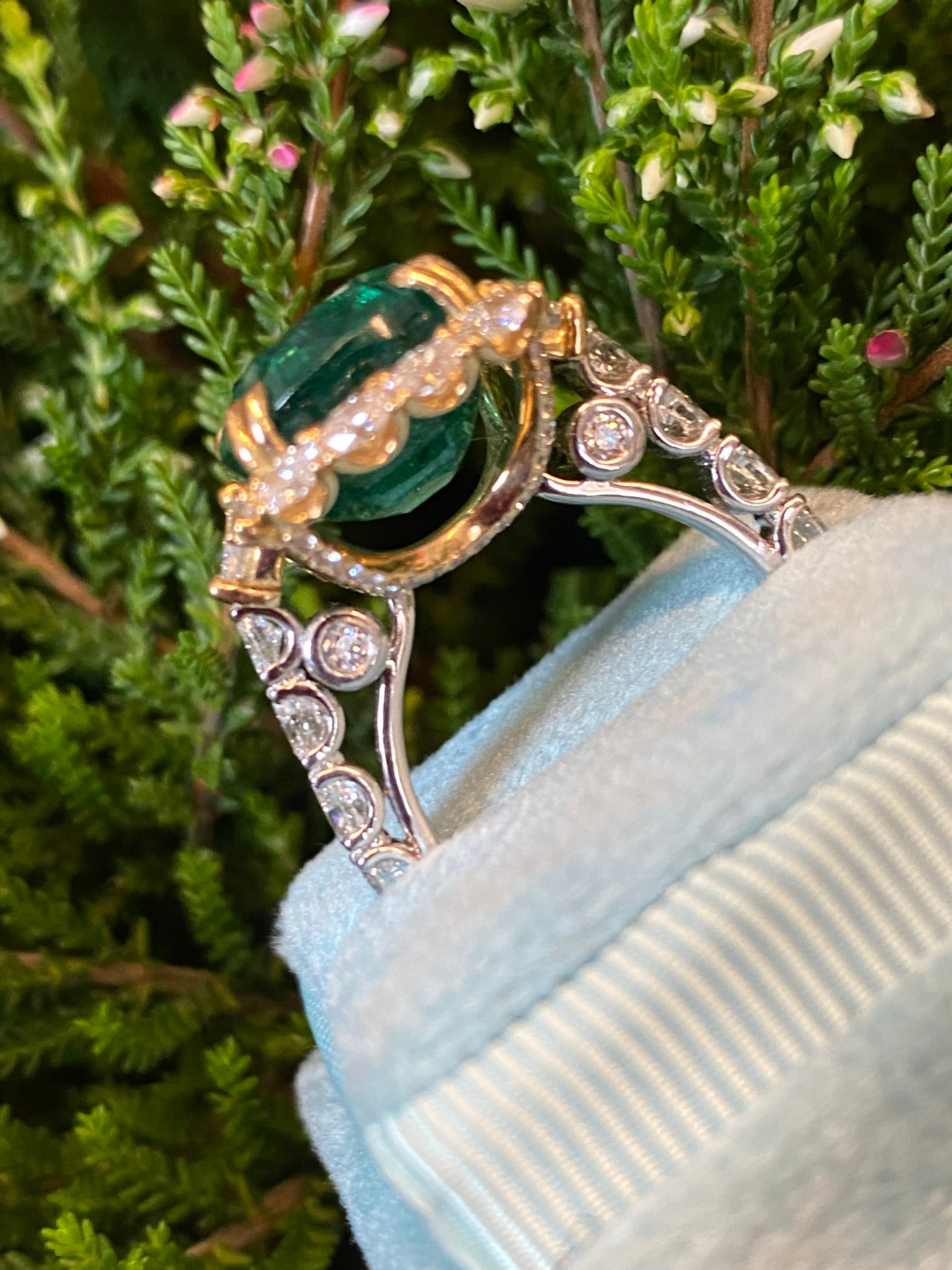 8.75 Carat Cushion Cut Zambian Emerald and 2.53 CTW Natural Diamond Halo Ring in Platinum and 18ct Yellow Gold