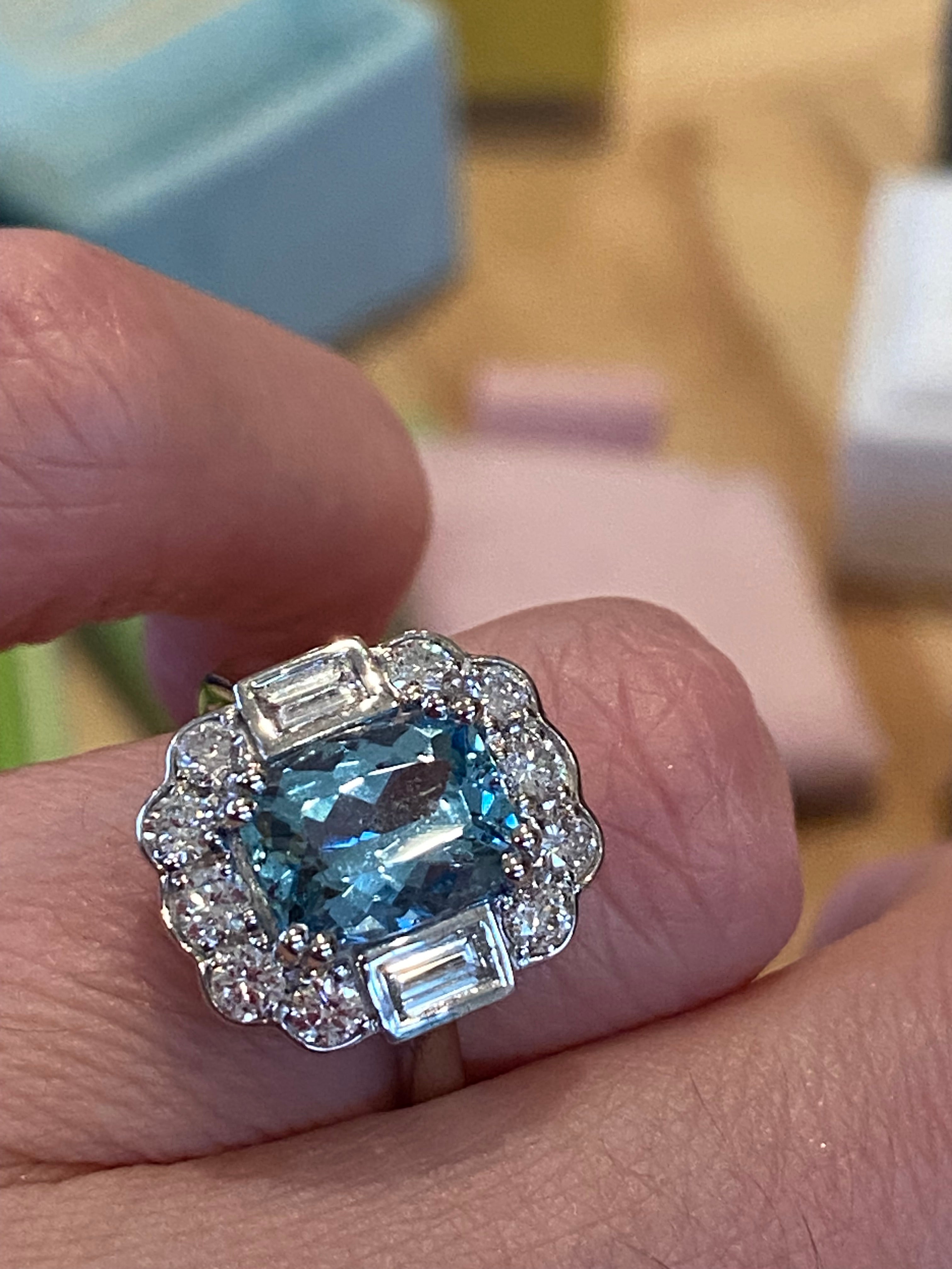 2.86 CTW Cushion Cut Aquamarine and Diamond Engagement Ring in Platinum
