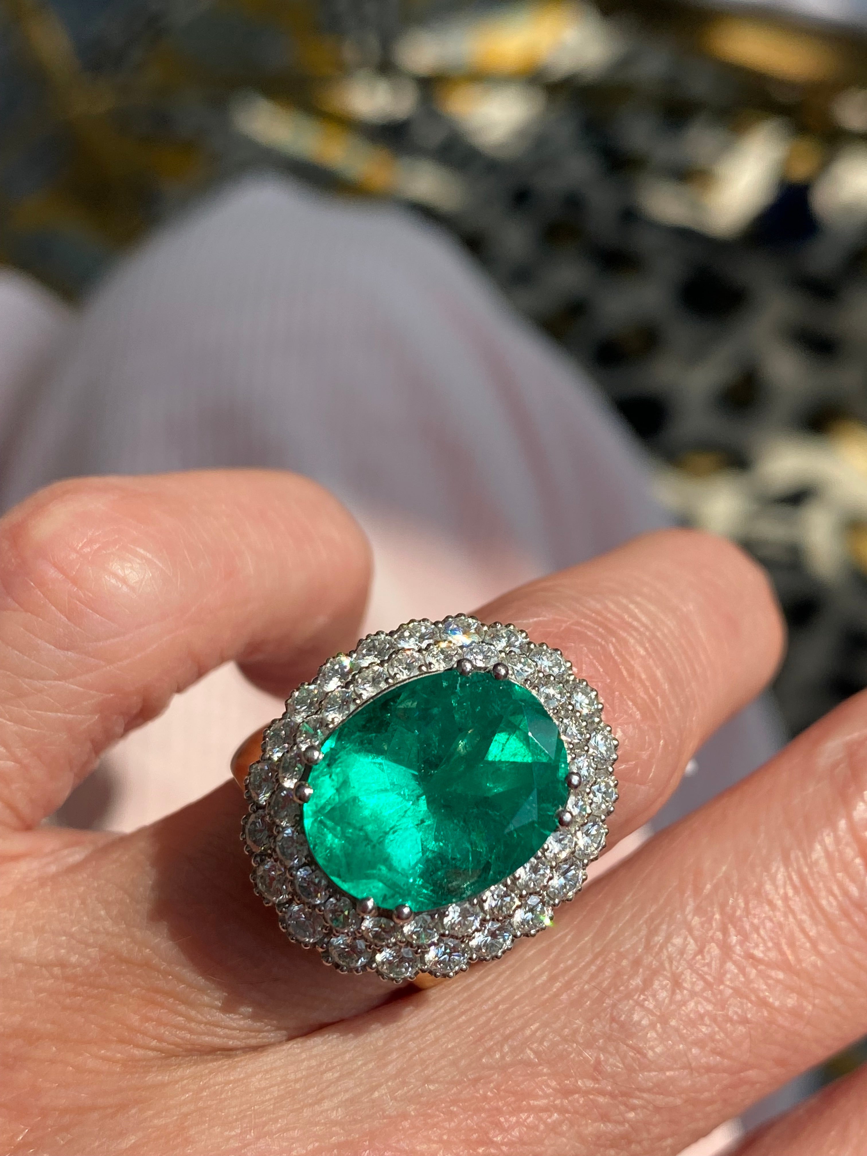 9.10 CTW Colombian Emerald and Natural Diamond Double Halo Ring in Platinum