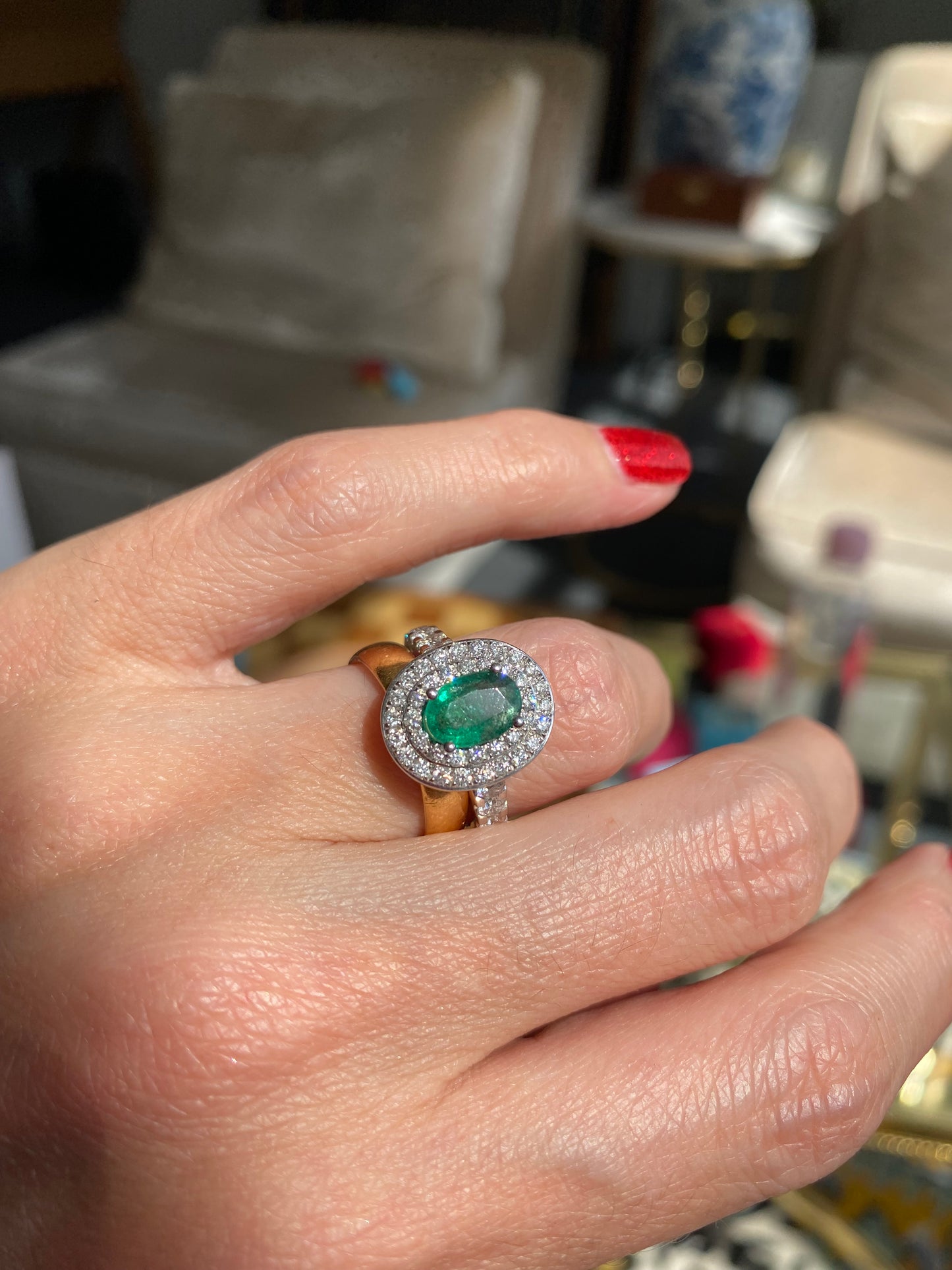 2.22 Ctw Emerald and Natural Diamond Double Halo Ring in Platinum