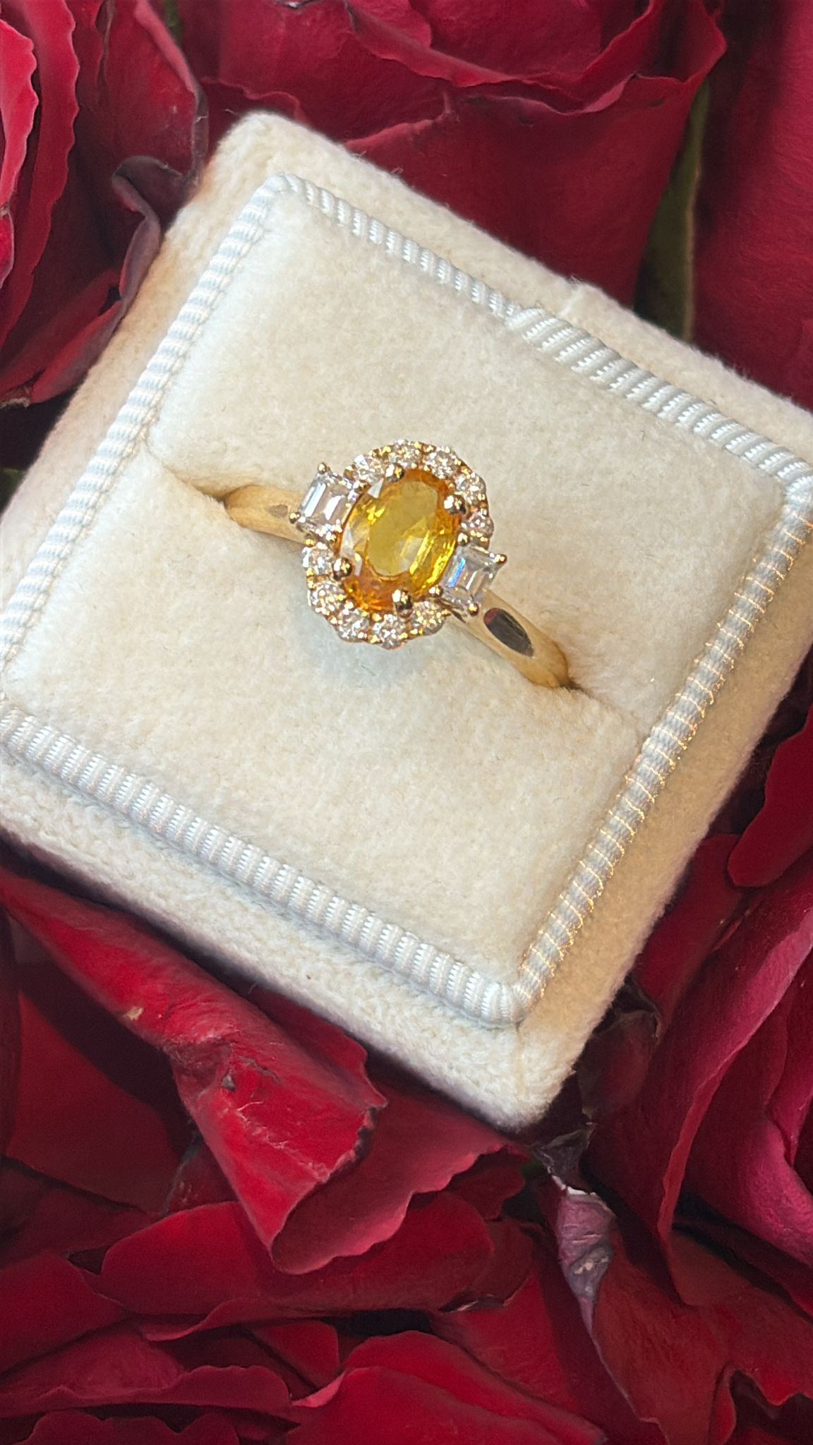 0.93 Carat Orange Yellow Sapphire and 0.37ctw Natural Diamond Halo Engagement Ring in 18ct Yellow Gold