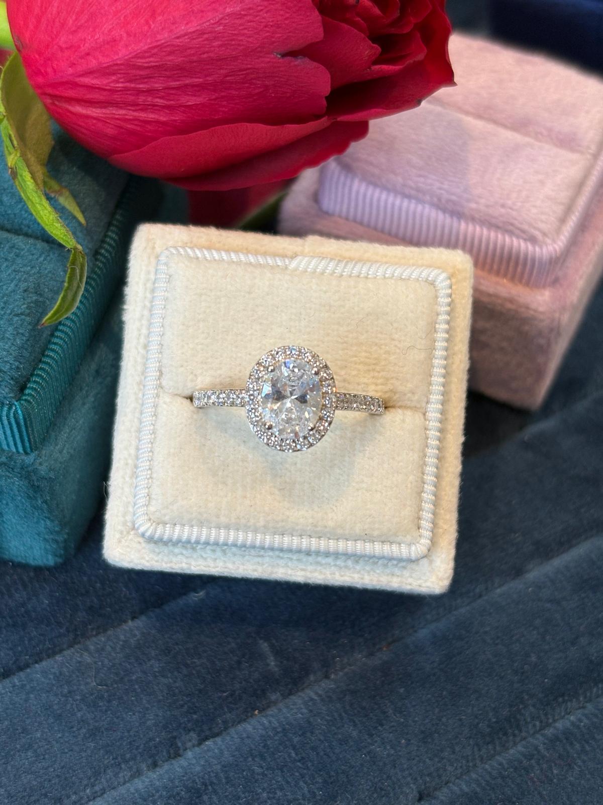 Oval Cut Moissanite Halo Engagement and Wedding / Eternity Ring Set in Sterling Silver