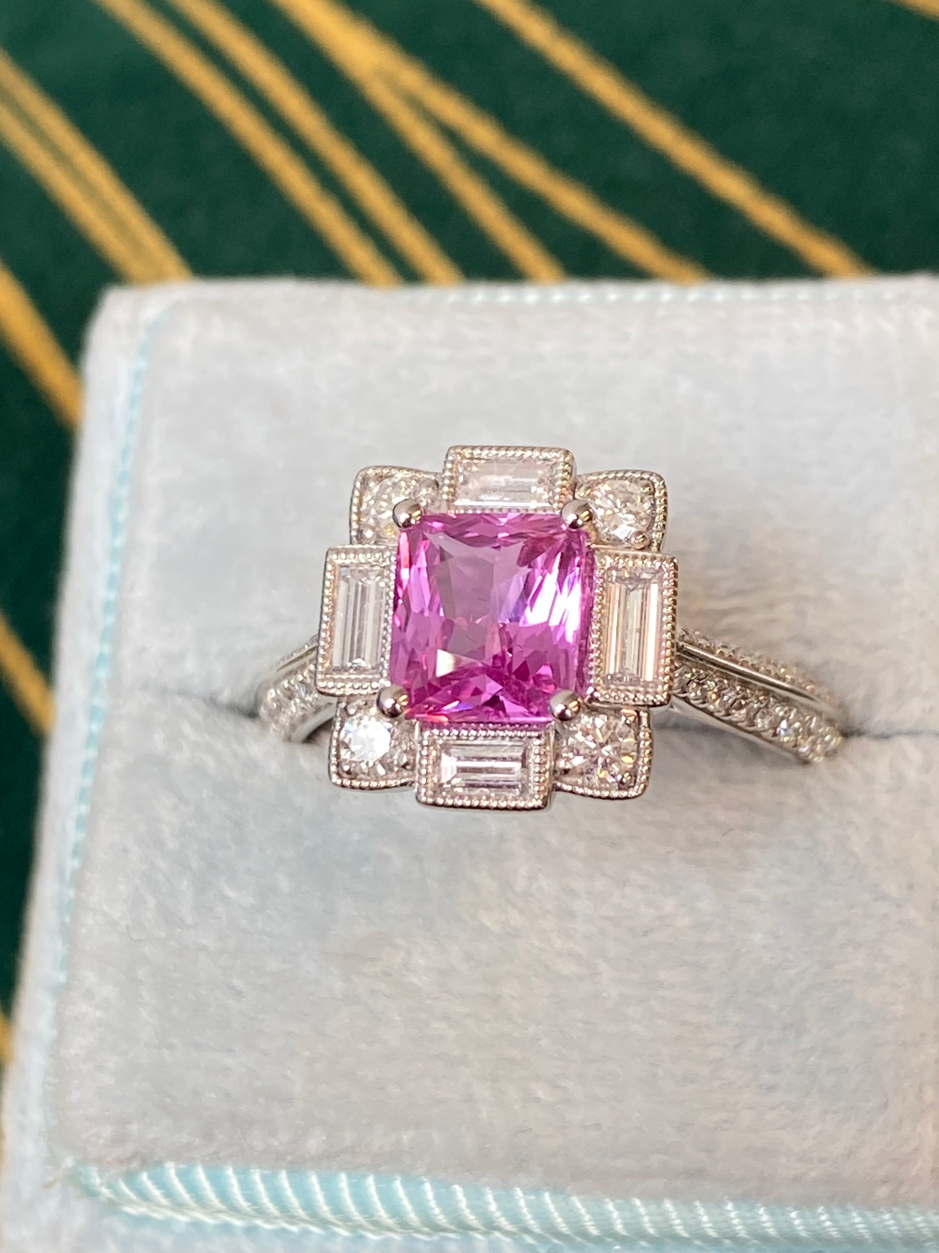 Candy Pink Sapphire Art Deco Style Ring in Platinum