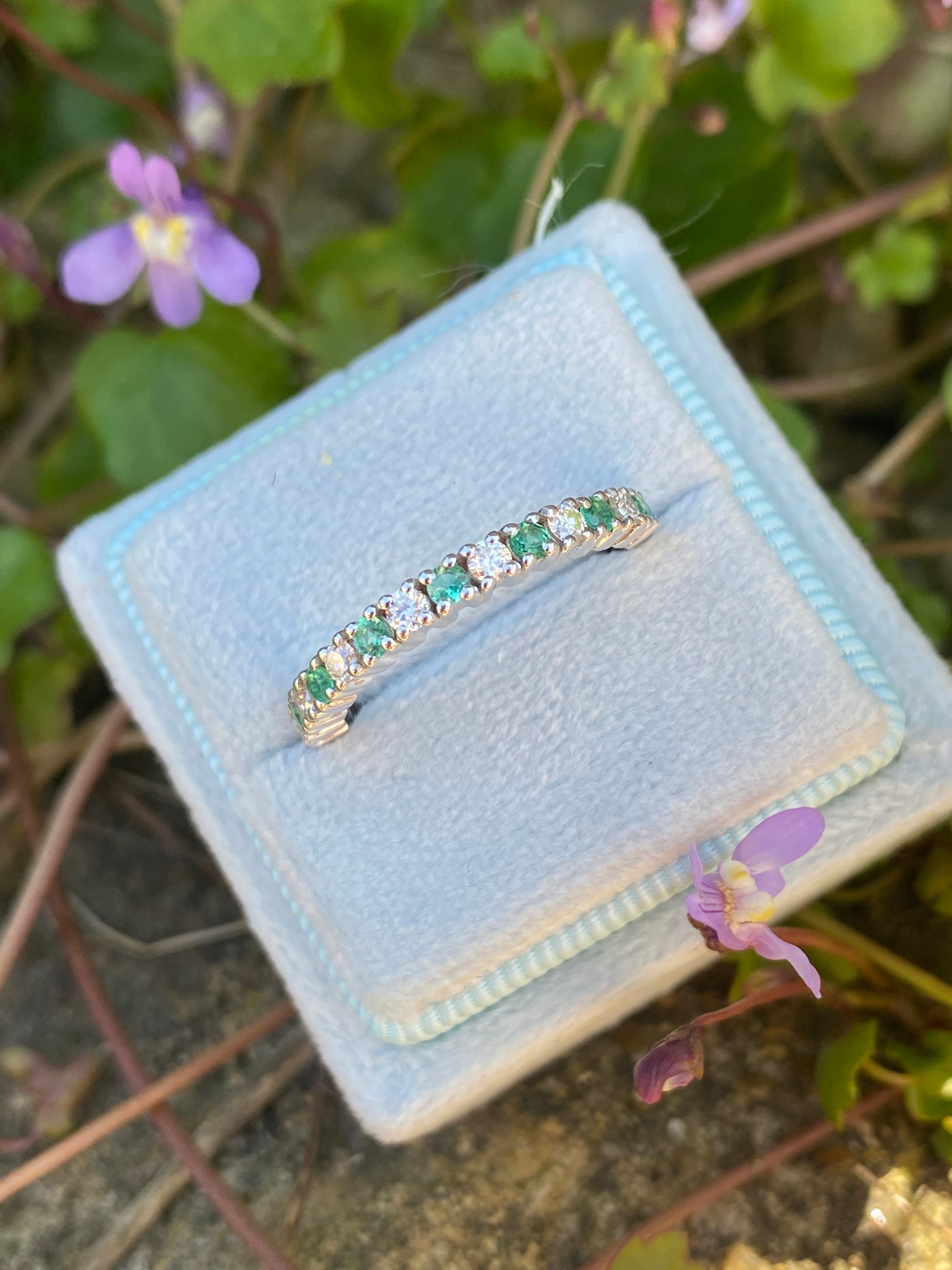 0.47ctw Natural Emerald and Moissanite Eternity Stacking Ring