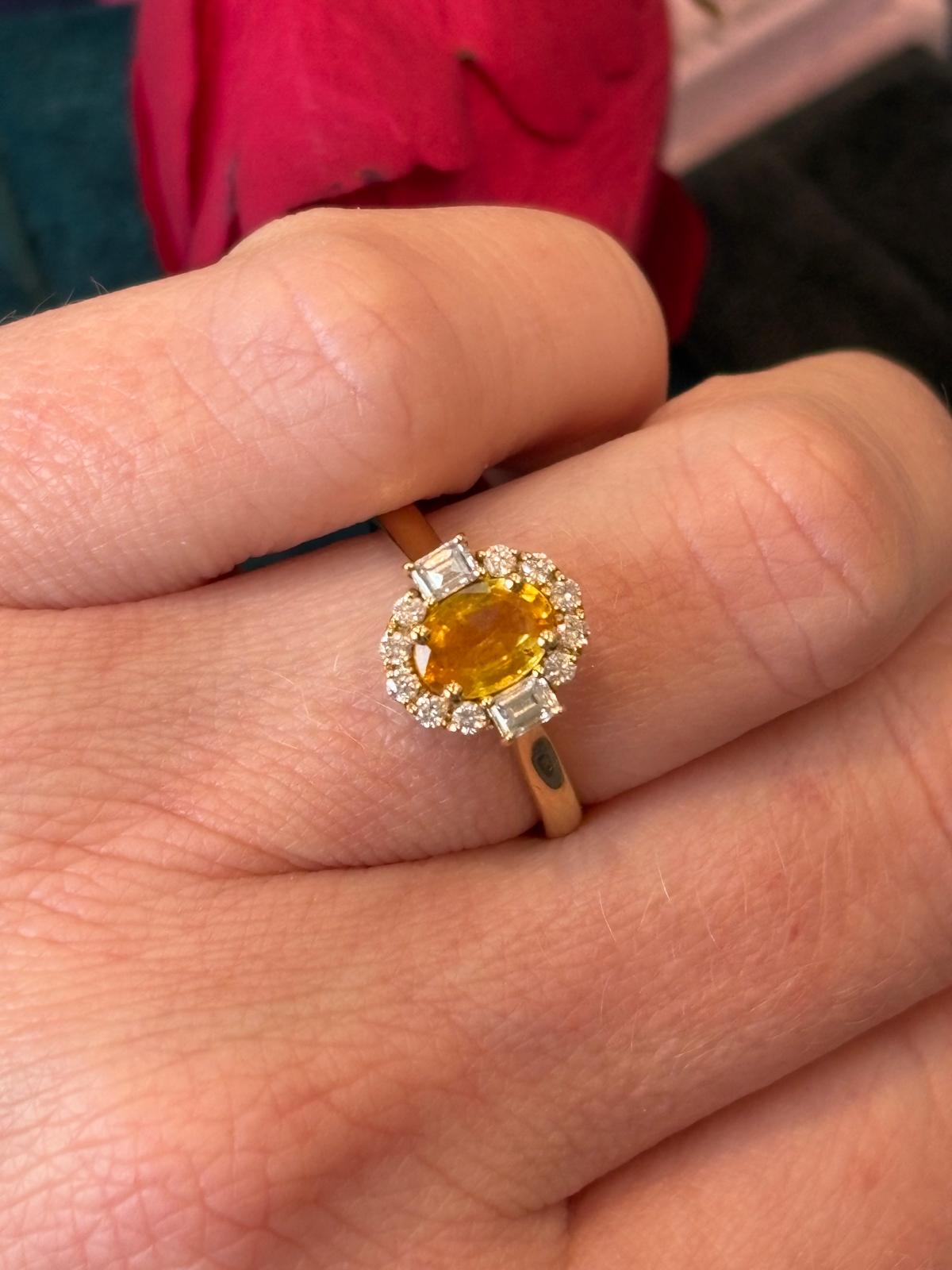 0.93 Carat Orange Yellow Sapphire and 0.37ctw Natural Diamond Halo Engagement Ring in 18ct Yellow Gold