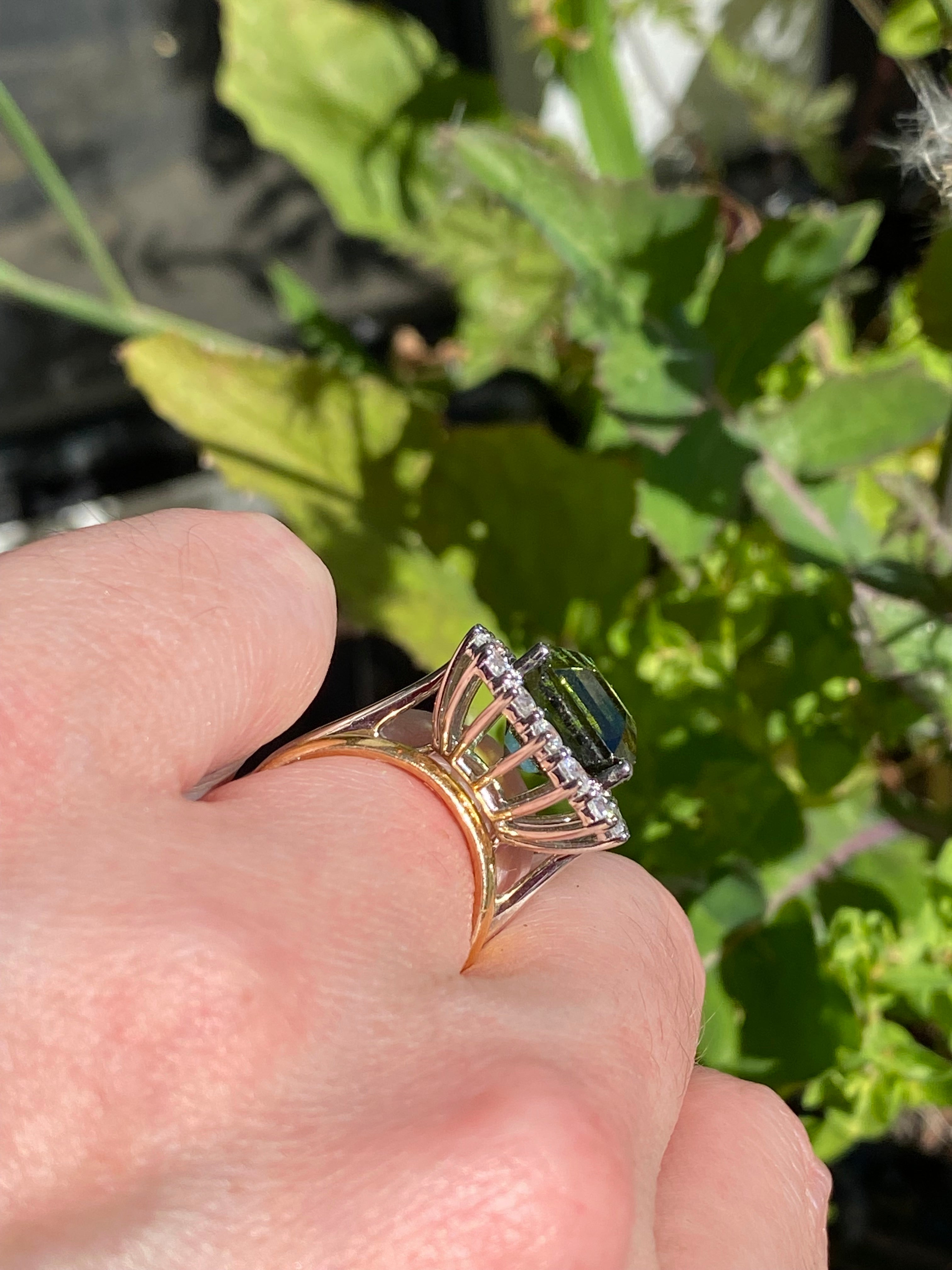 8.44 Carat Asscher Cut Green Tourmaline and 1.38ctw Natural Diamond Ring in Platinum