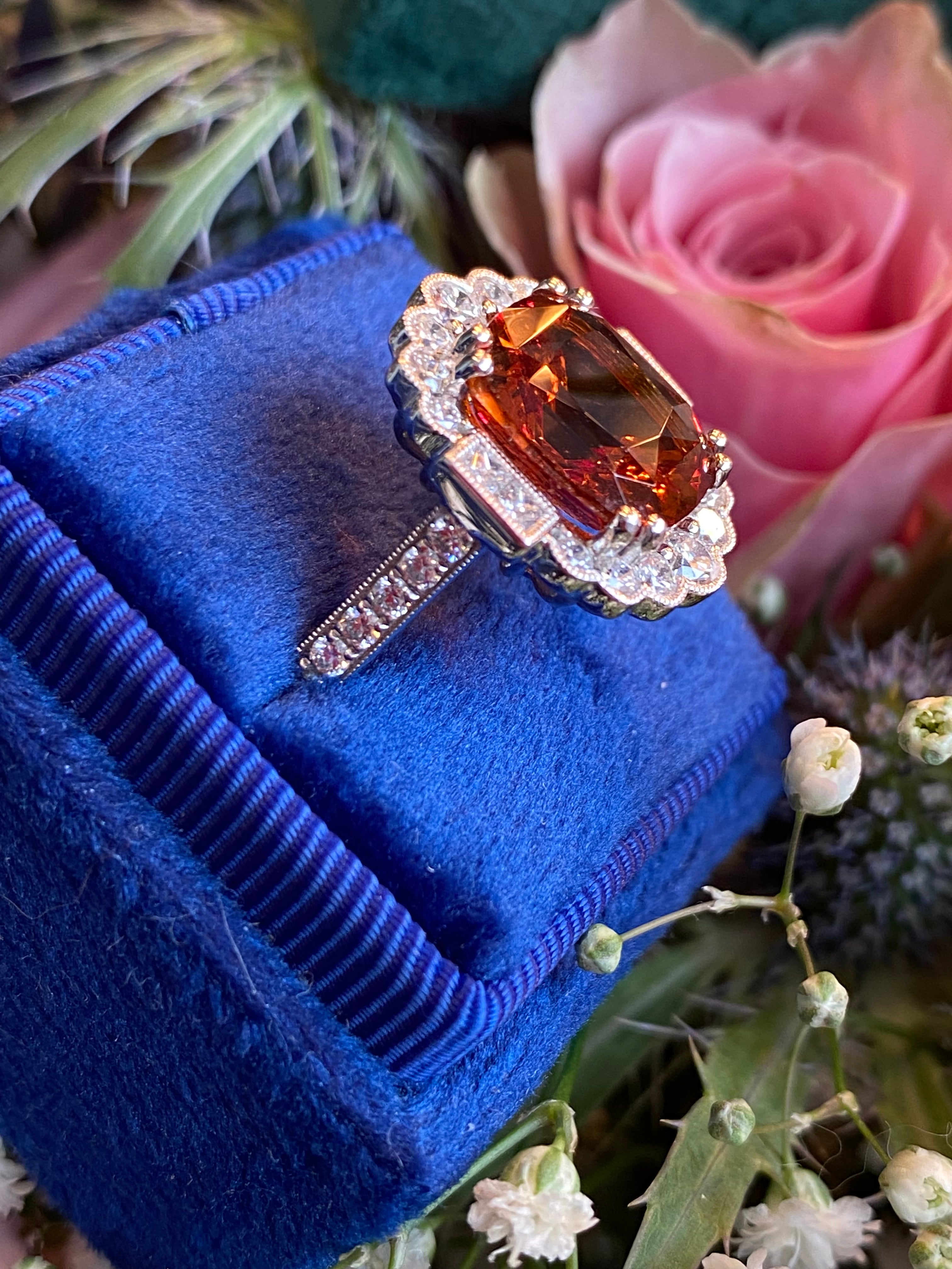 5.95 Carat Hessonite Garnet and 1.03ctw Natural Diamond Ring in Platinum