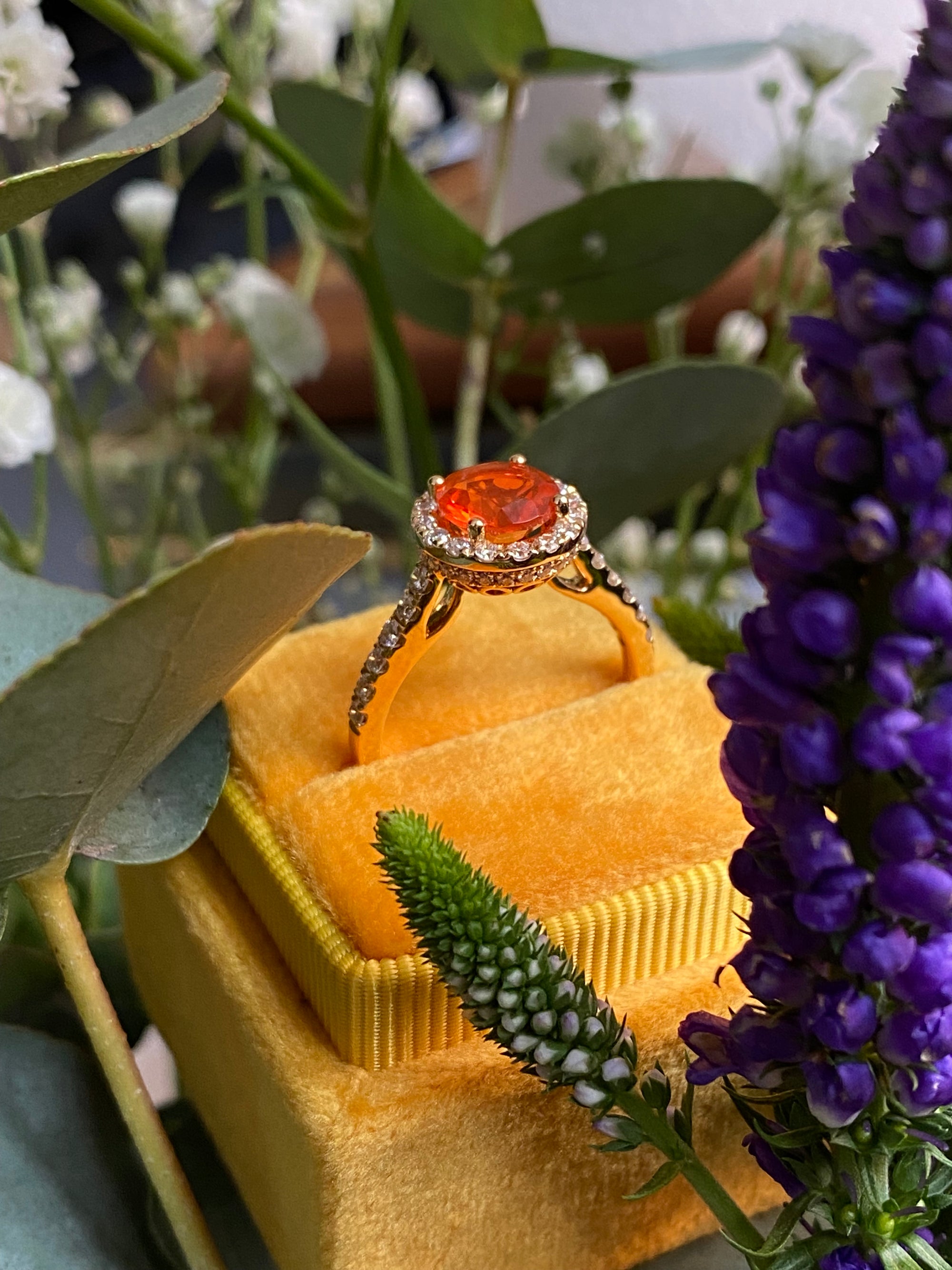 1.37 CTW Fire Opal and Natural Diamond Halo Ring in 18ct Yellow Gold