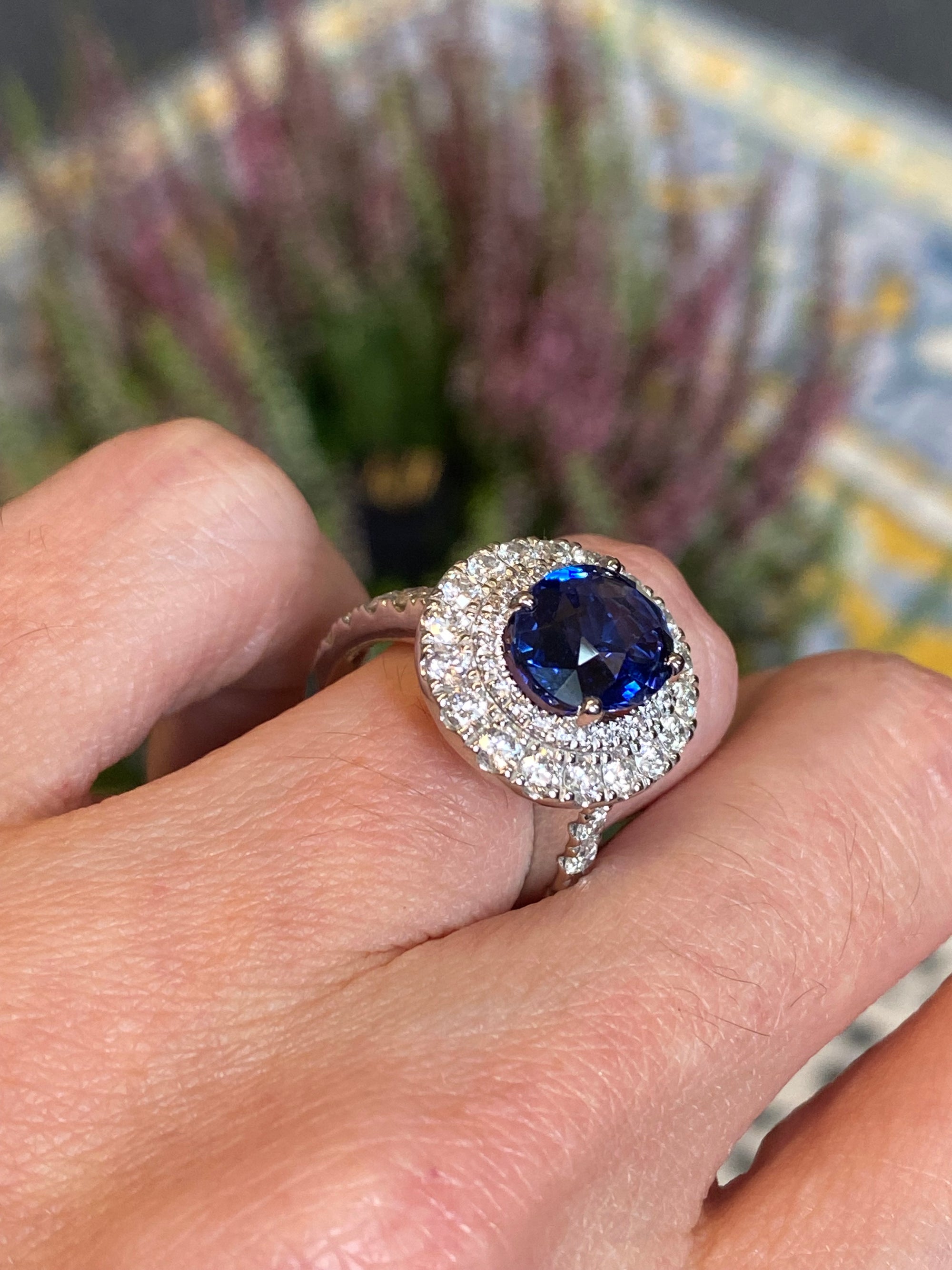 4.29 Carat Blue Ceylon Sapphire and 1.67 CTW Natural Diamond Halo Ring in Platinum