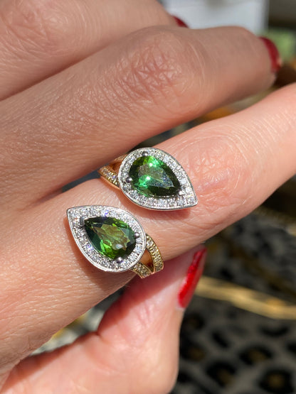 2.60 Carat Green Tourmaline and Diamond Bypass Ring in Platinum and 18ct Yellow Gold