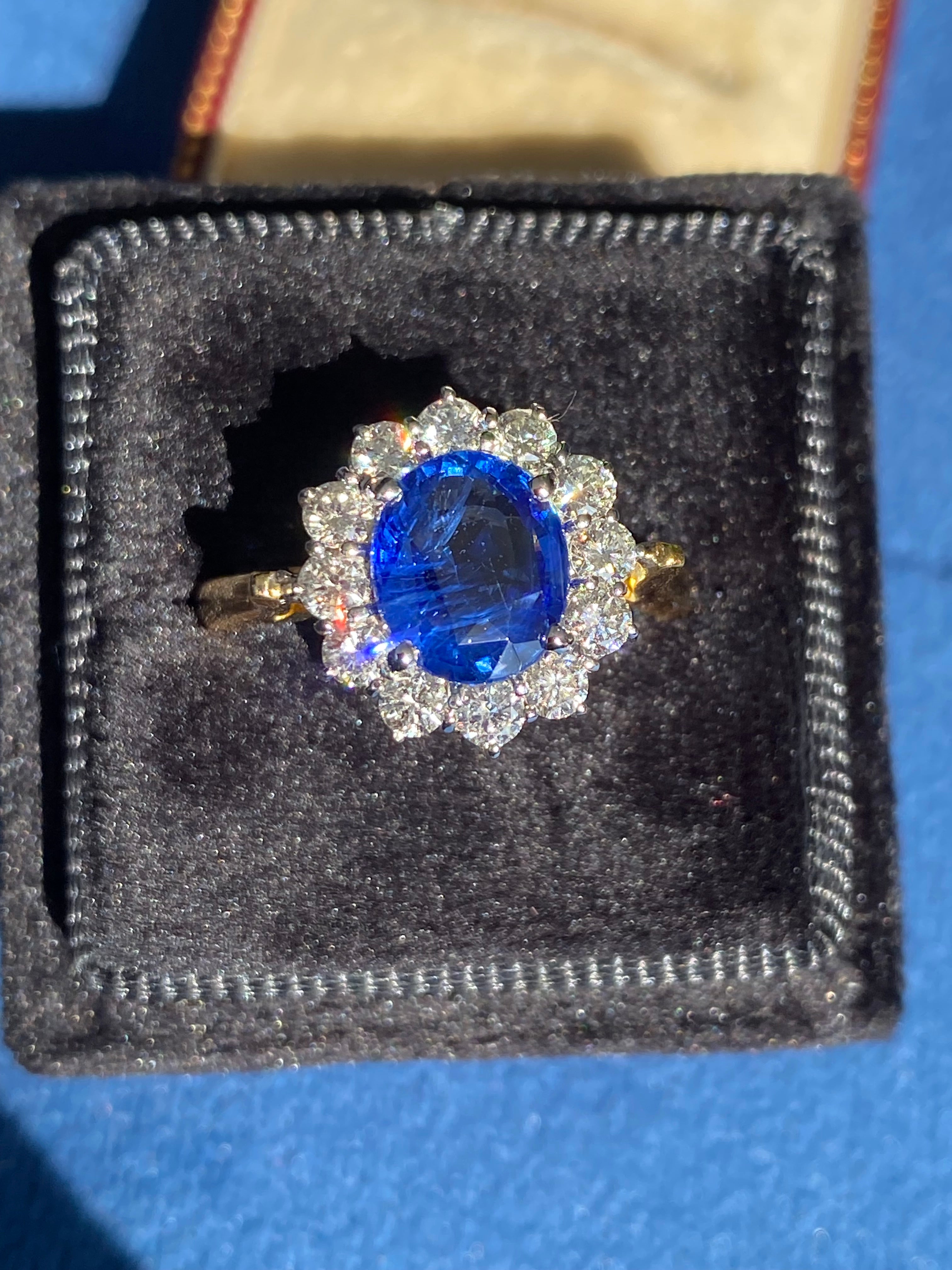 3.31 CTW Ceylon Sapphire and Natural Diamond Halo Ring in 18ct Gold