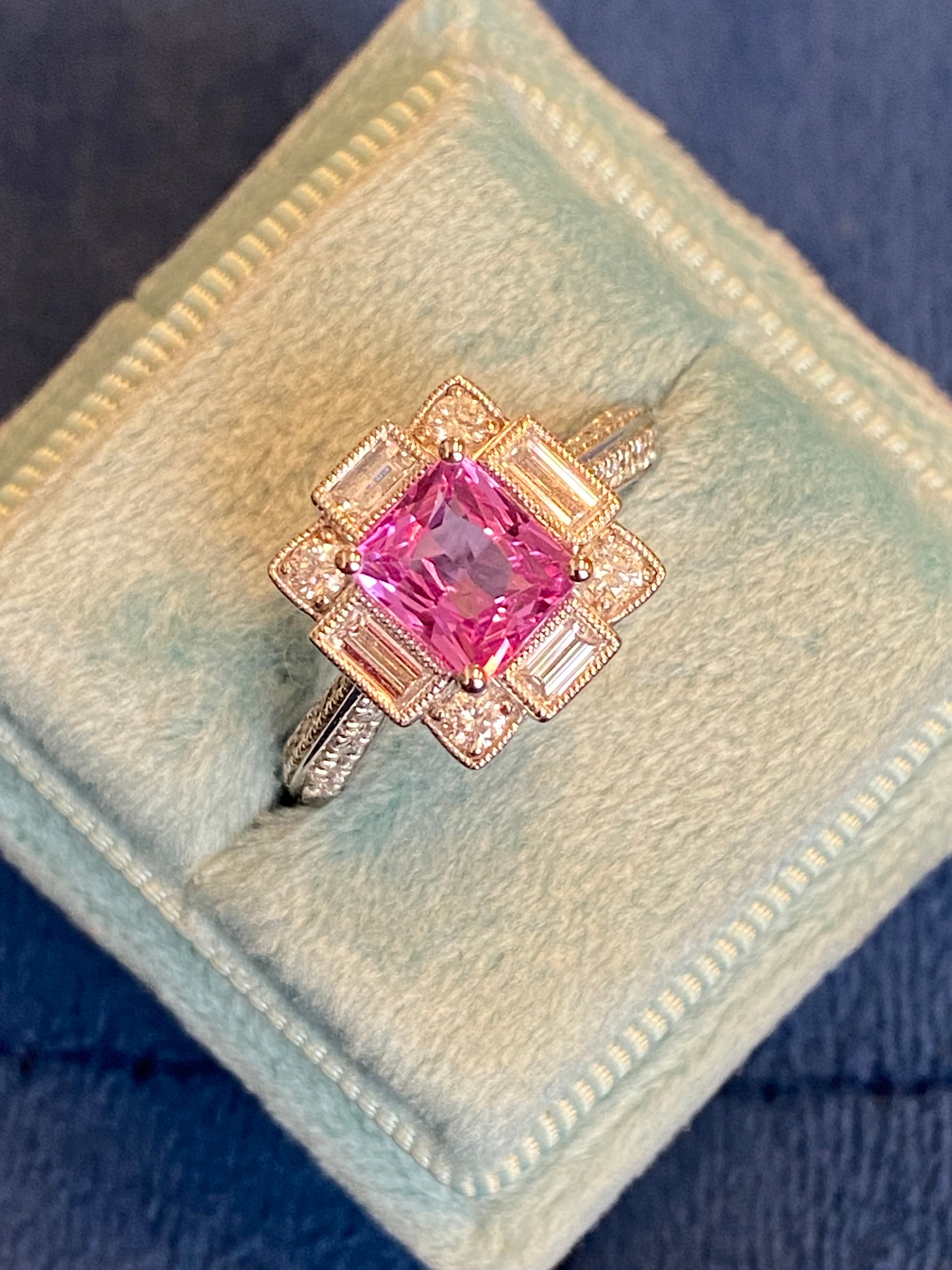 Candy Pink Sapphire Art Deco Style Ring in Platinum