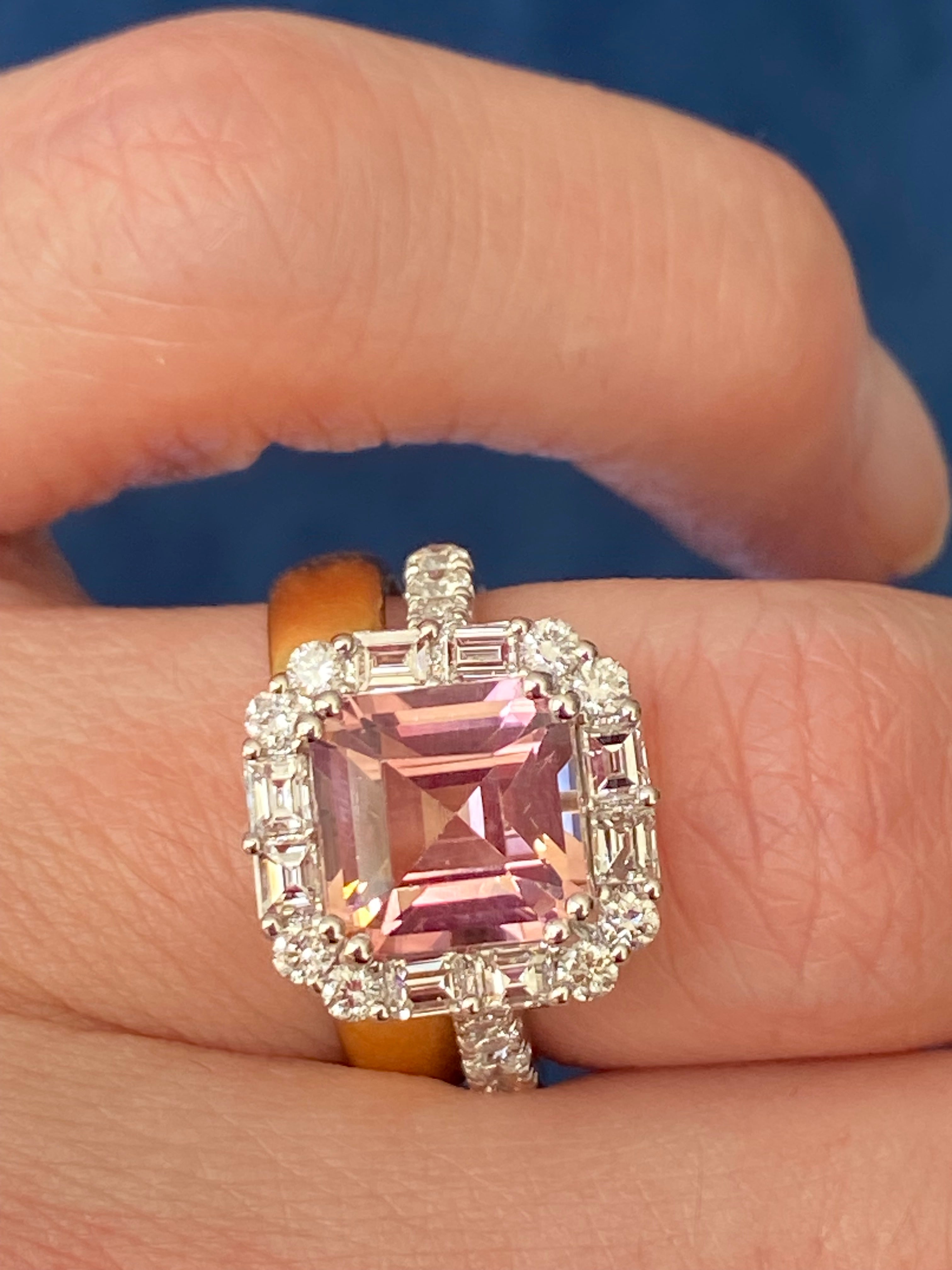 4.71 CTW Emerald Cut Pink Tourmaline and Natural Diamond Halo Ring in Platinum