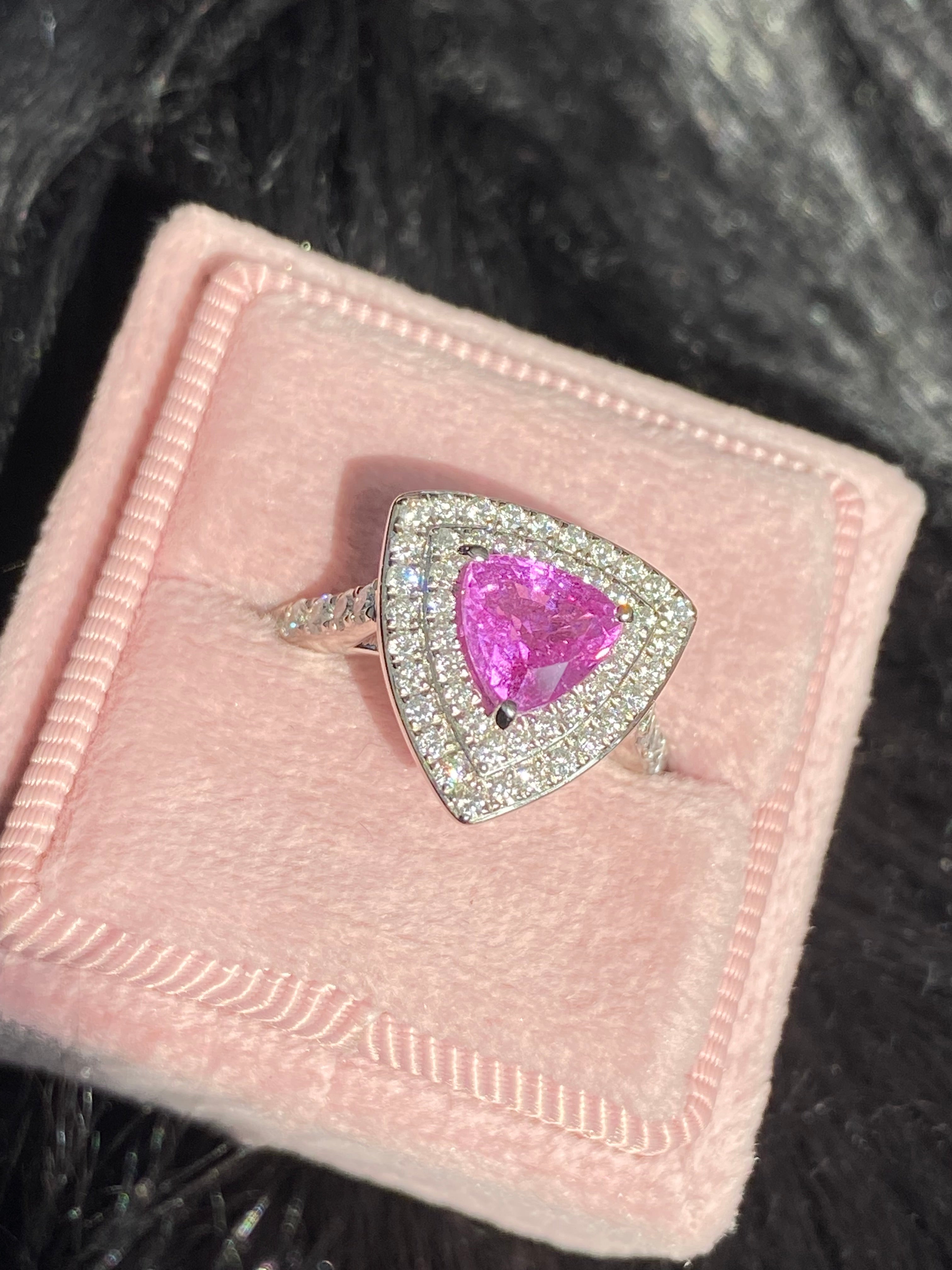 Pink Sapphire Trillion Cut Ring in Platinum
