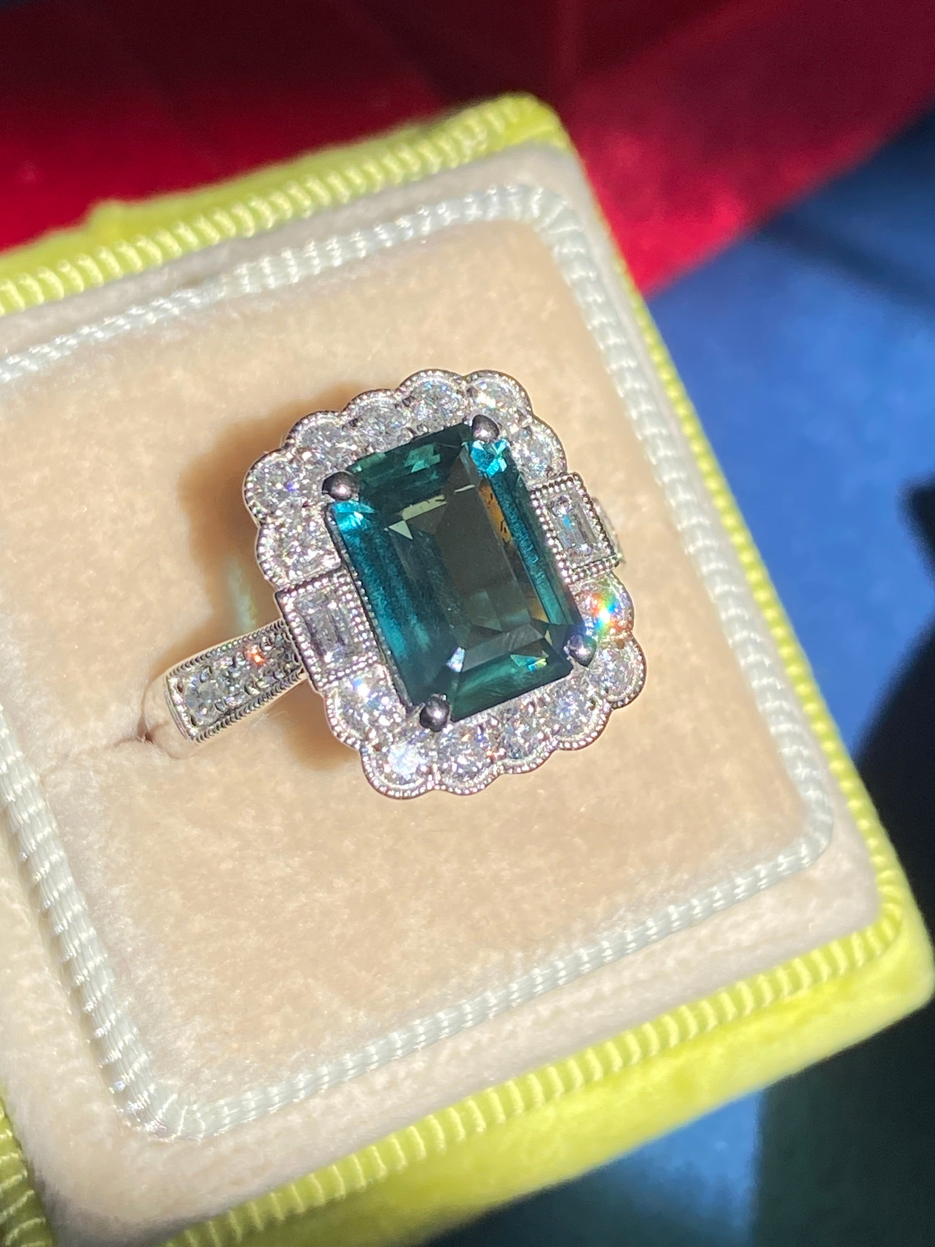 3.73 Carat Teal Sapphire and Natural Diamond Ring in Platinum