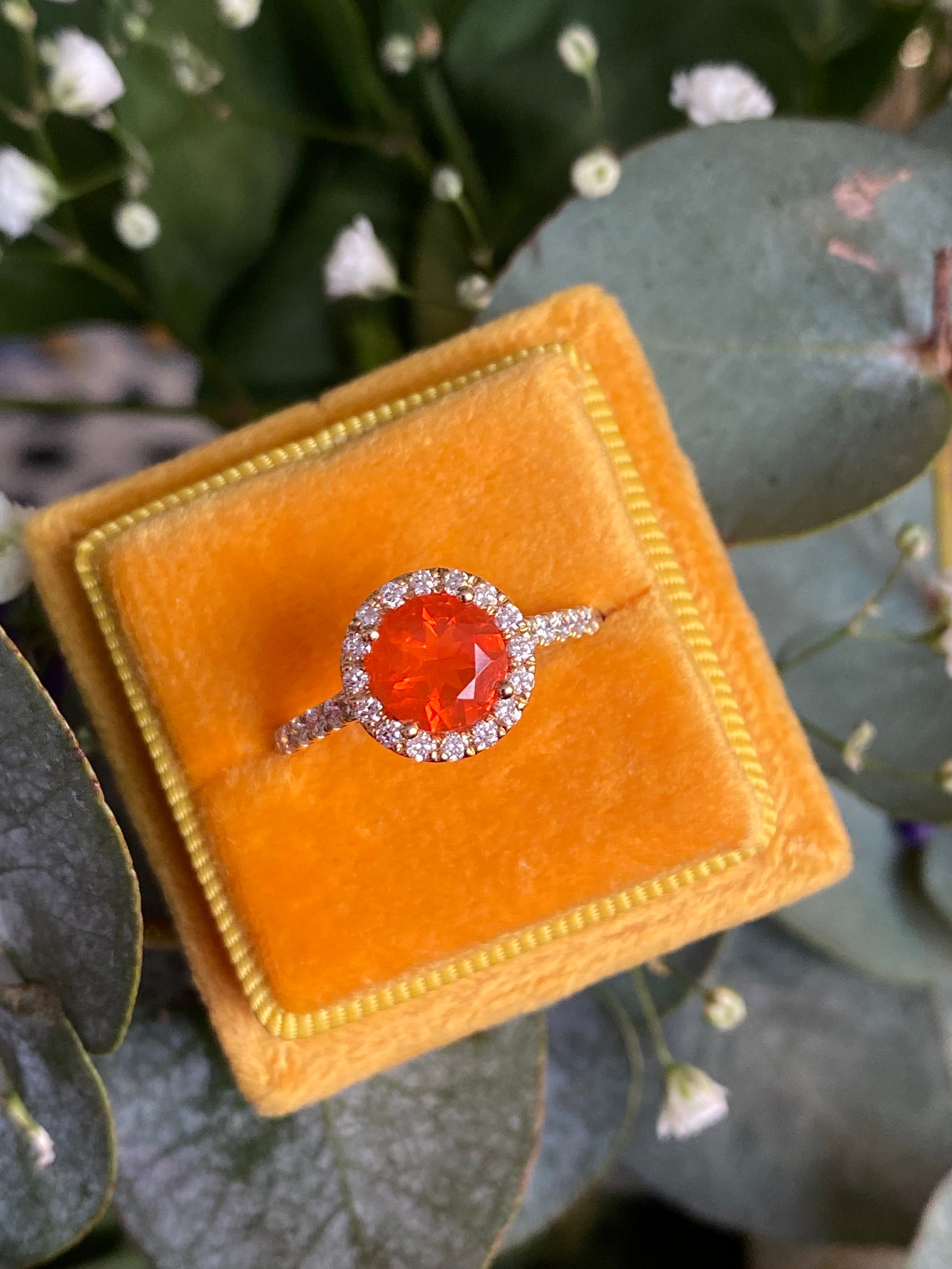 1.37 CTW Fire Opal and Natural Diamond Halo Ring in 18ct Yellow Gold