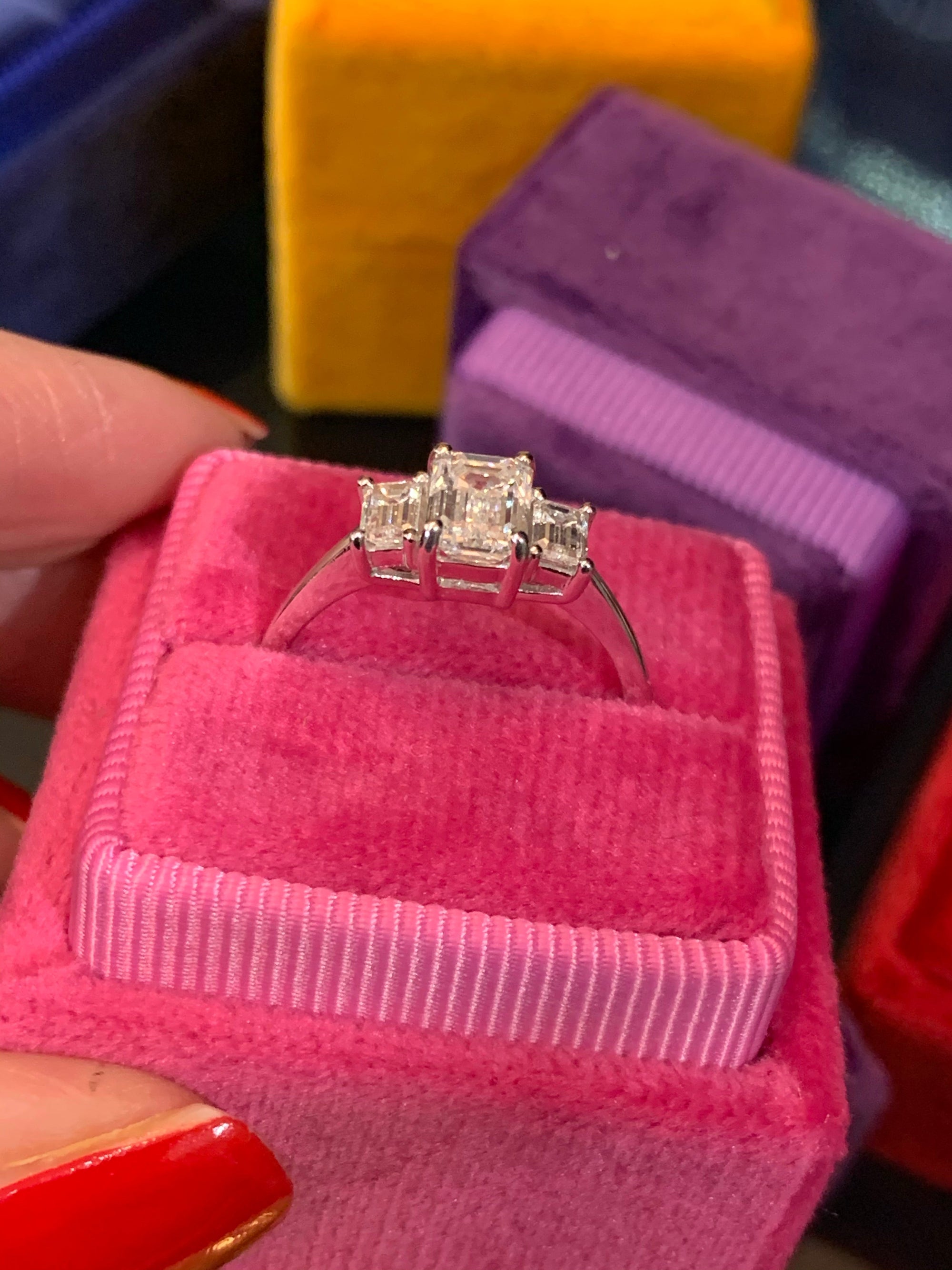 Heritage 1.60 CTW + Emerald Cut Lab Grown Diamond Trilogy Engagement Ring, at Least F Colour / VVS Clarity