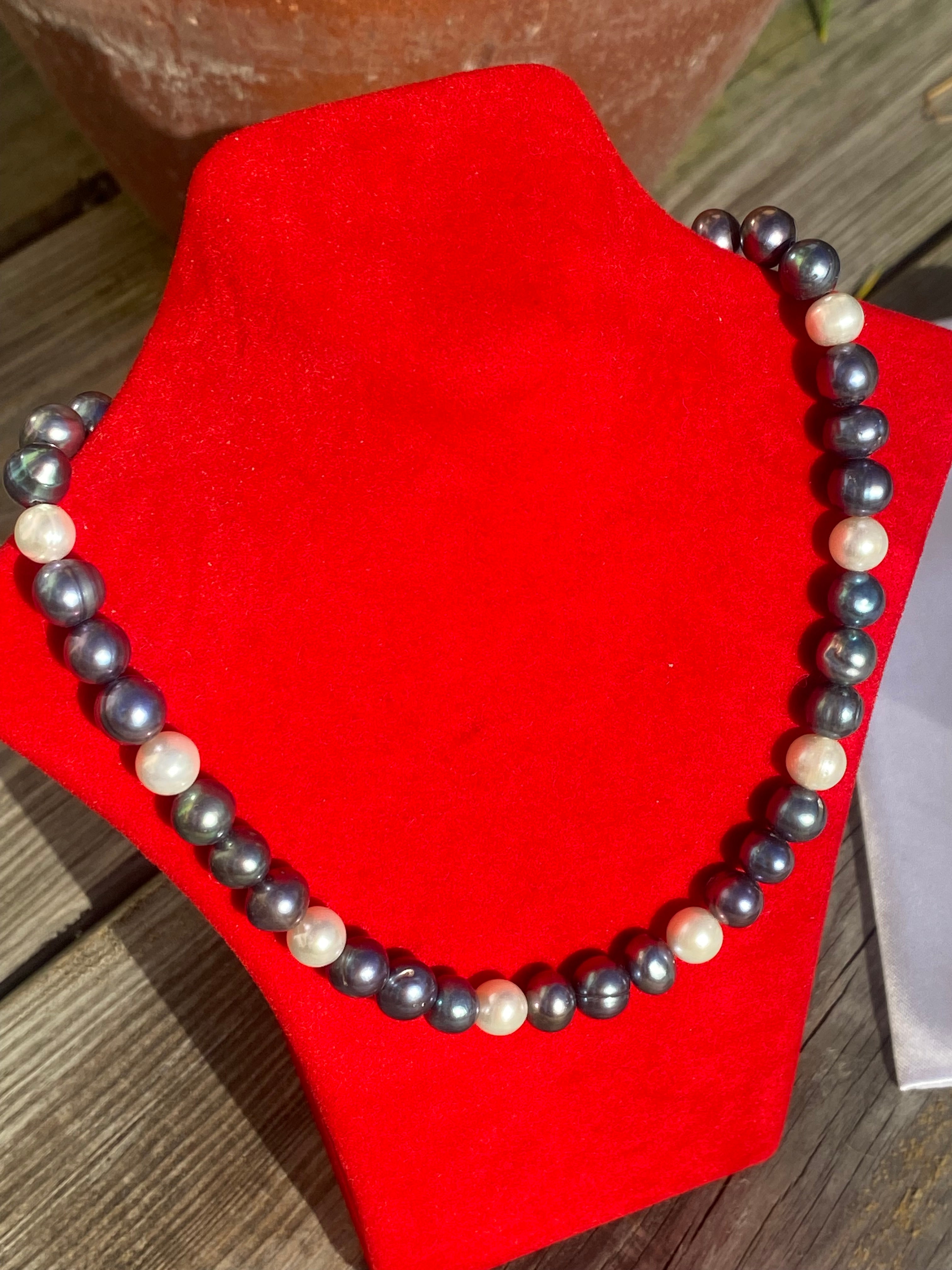 Vintage Black and White Freshwater Pearl Necklace with Sterling Silver Clasp