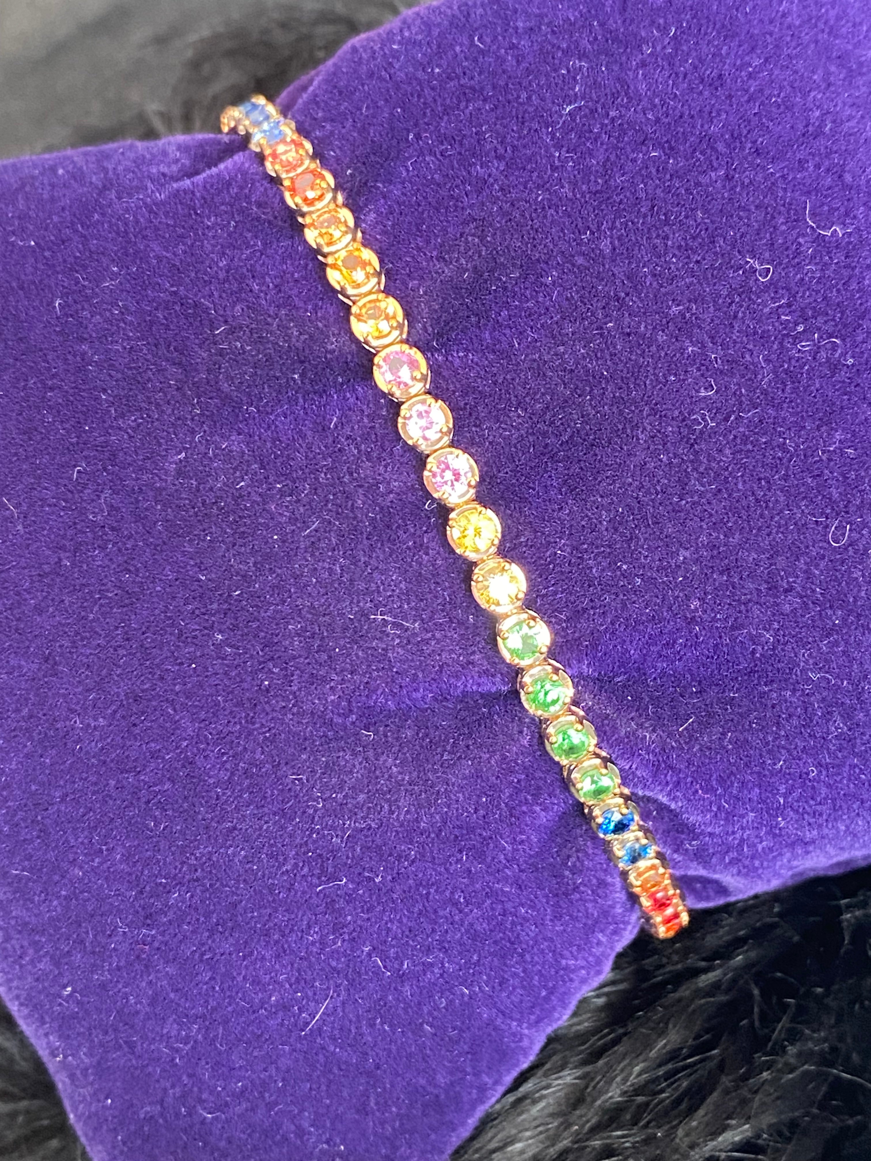 4.13 CTW Multicoloured Rainbow Ceylon Sapphire Line Bracelet in 9ct Yellow Gold