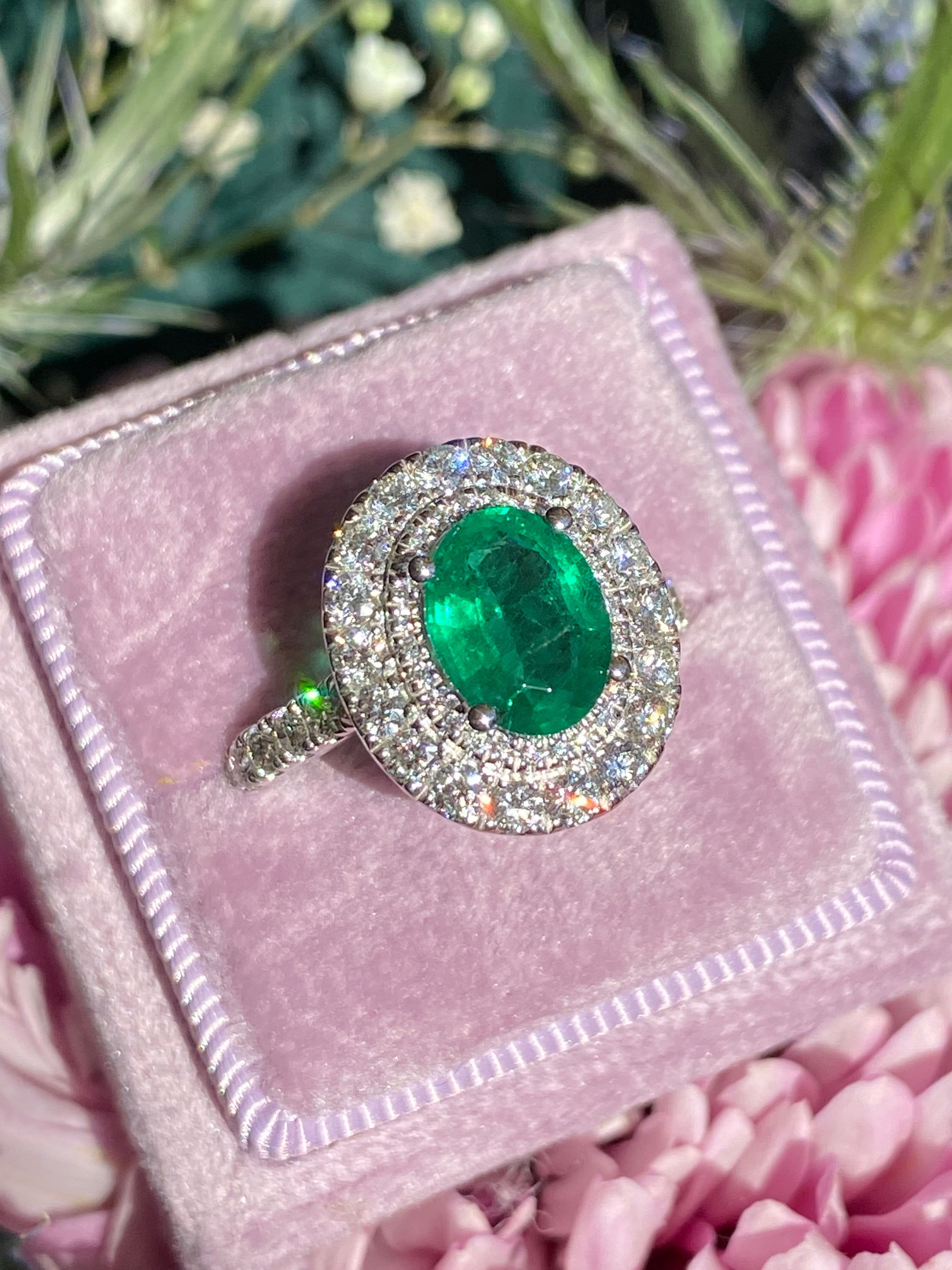 3.11 CTW Emerald and Natural Diamond Double Halo Ring in Platinum