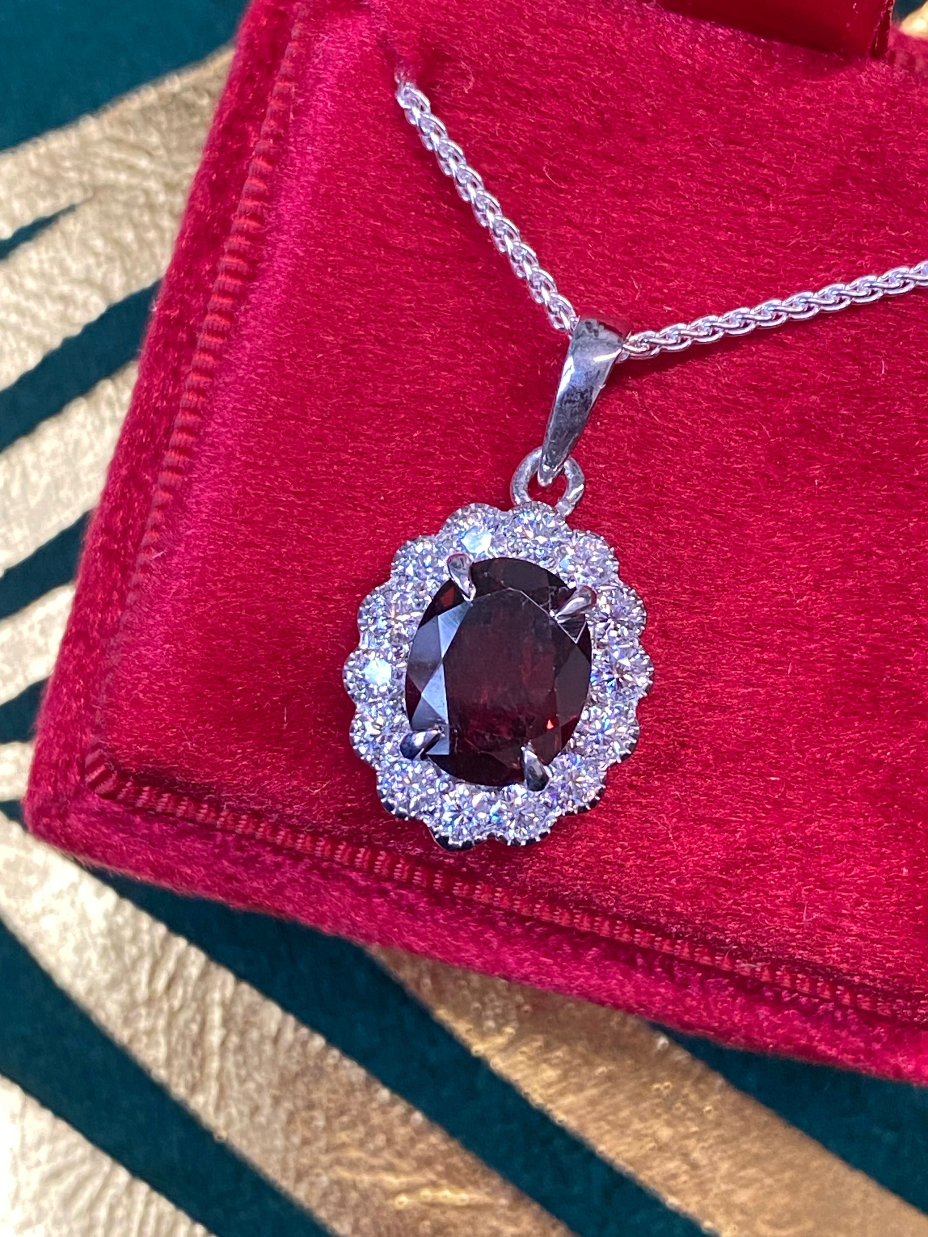 5.00 CTW Garnet and Moissanite Halo Pendant Necklace in Sterling Silver