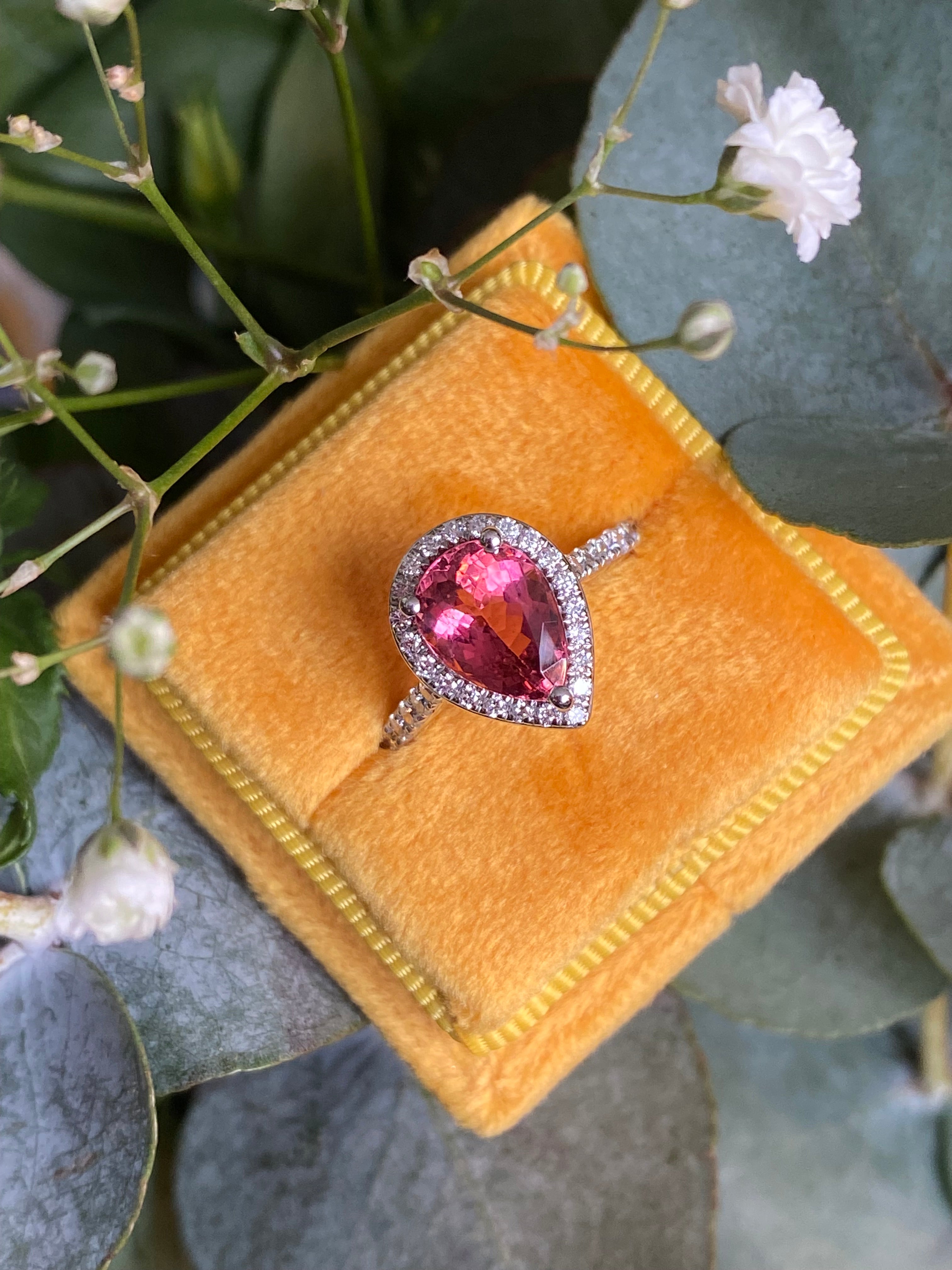 2.11 Carat Pear Cut Pink Tourmaline and Natural Diamond Ring in Platinum