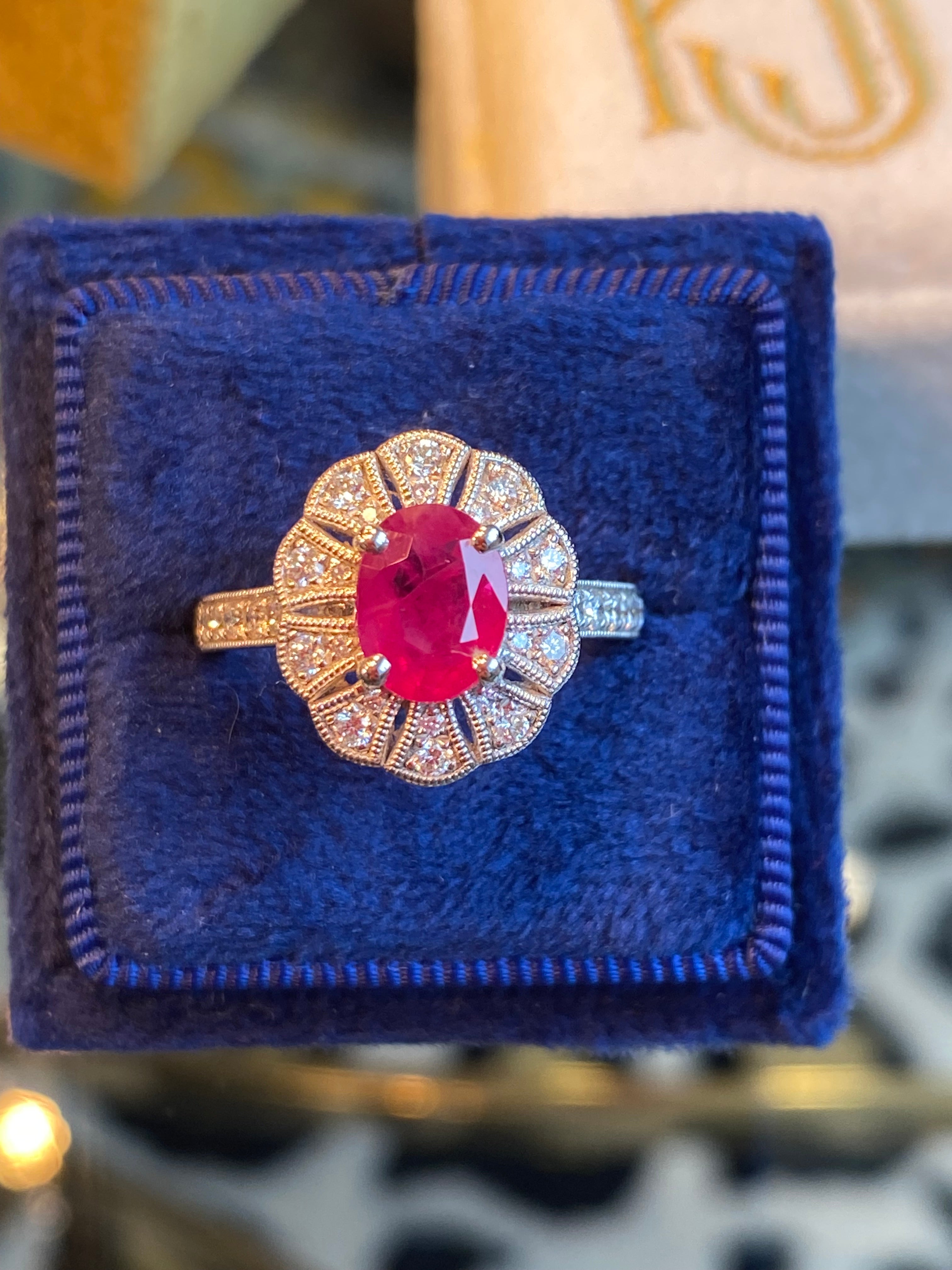 1.71 CTW Oval Cut Ruby and Diamond Art Deco Style Ring in Platinum