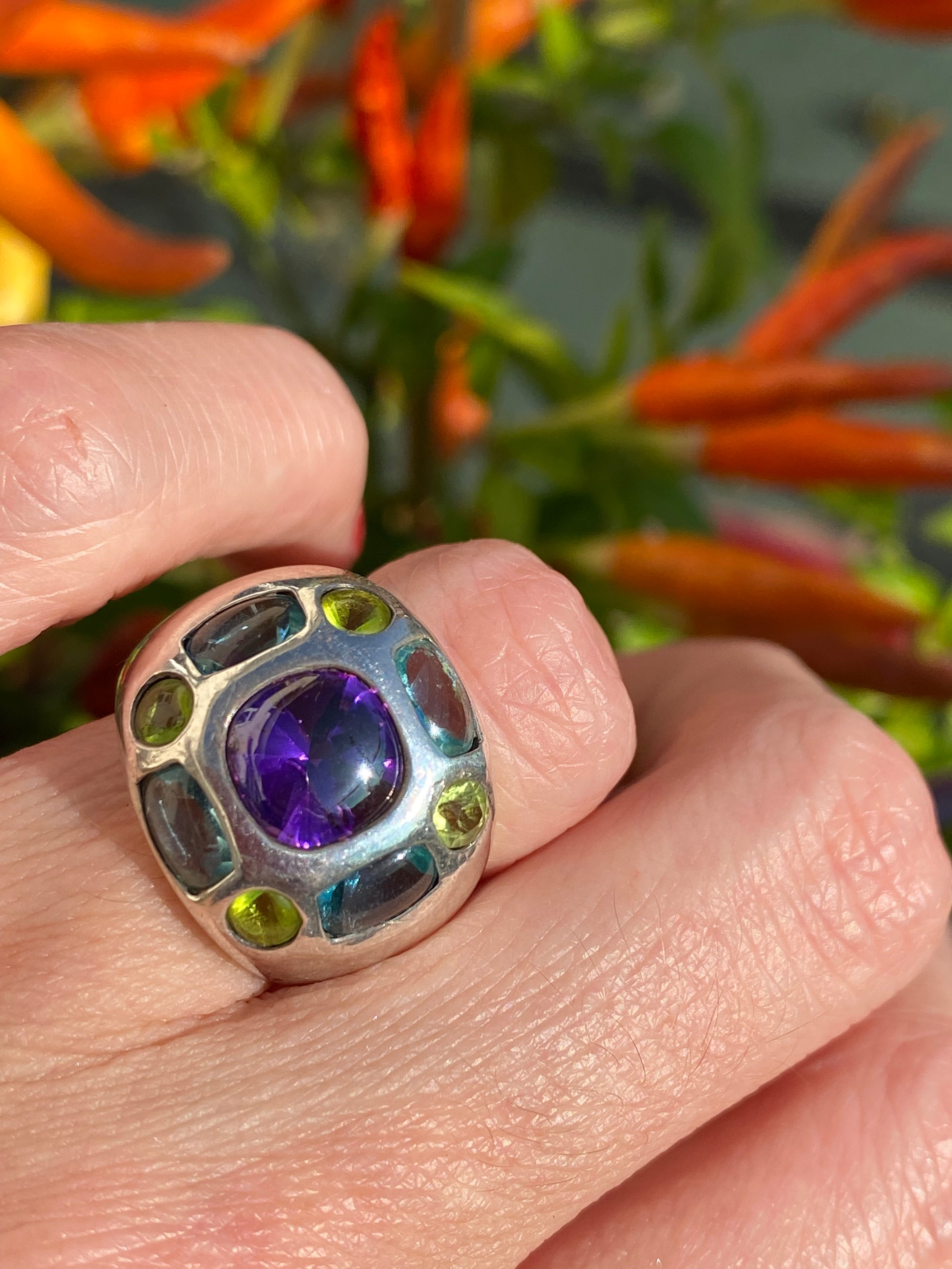 Beautiful Vintage Amethyst, Peridot and Blue Topaz Ring in Sterling Silver