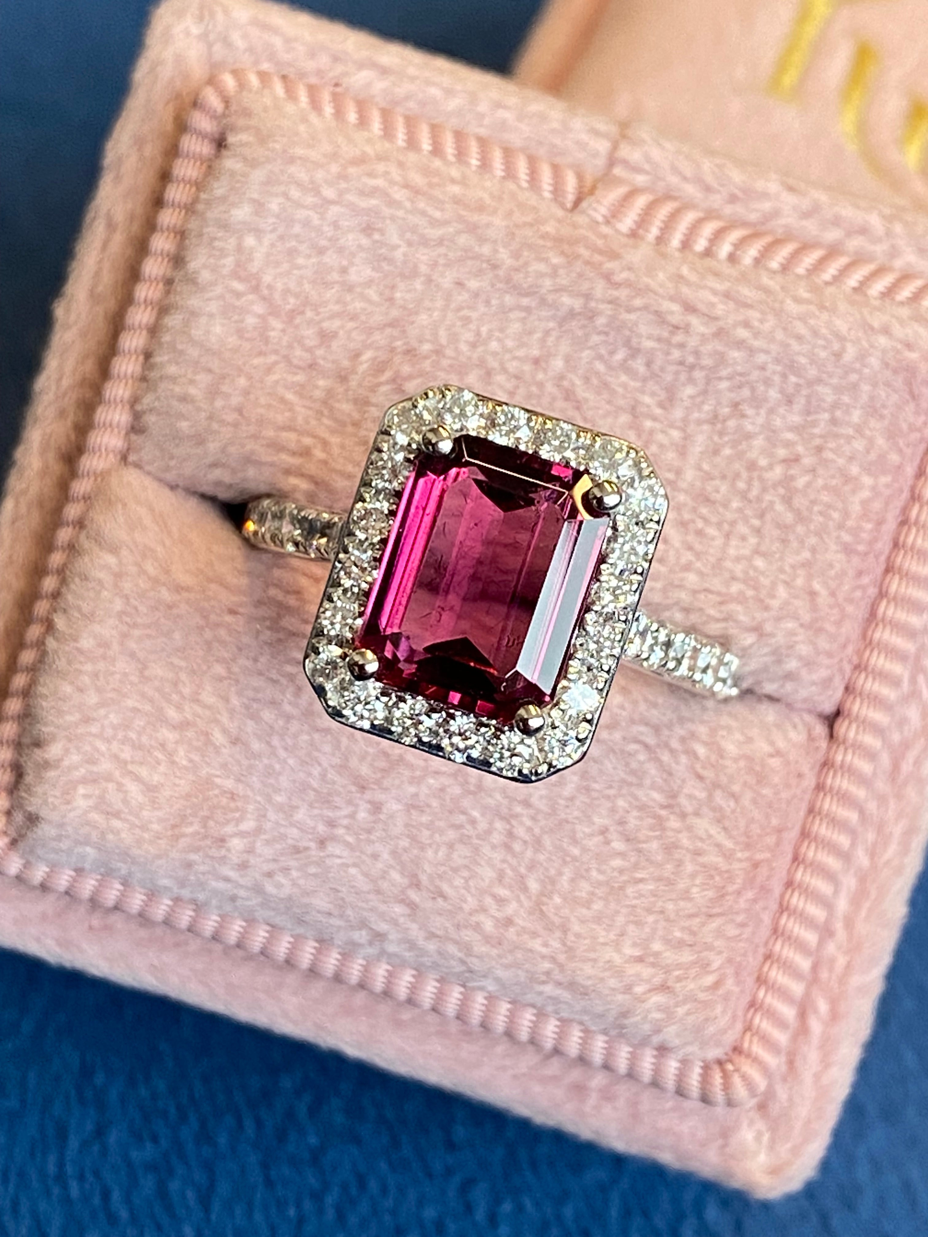 2.71 CTW Emerald Cut Pink Tourmaline and Natural Diamond Halo Ring in Platinum
