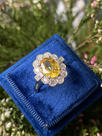 2.45 Carat Yellow Sapphire and Natural Diamond Halo Ring in Platinum