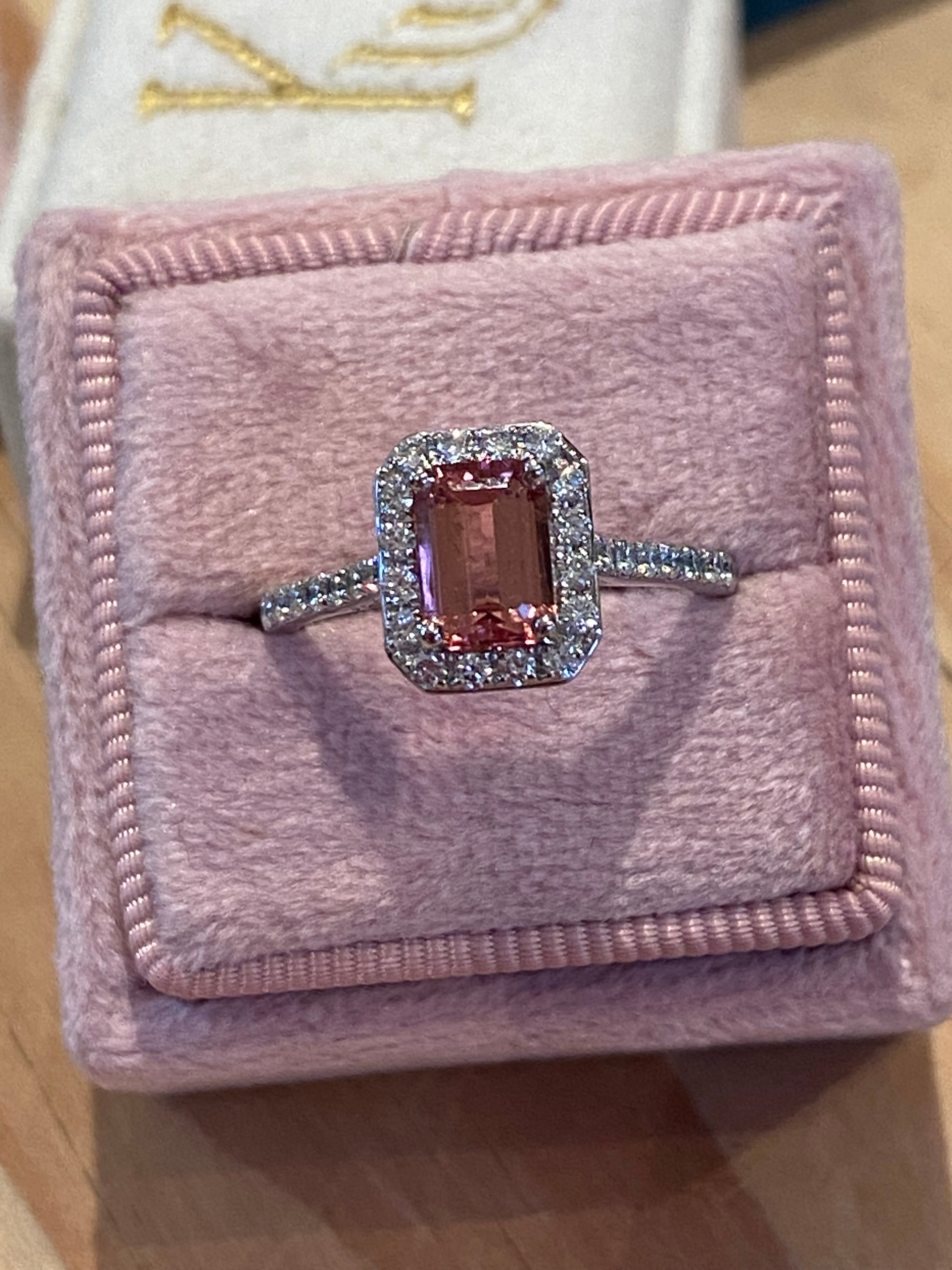 1.42 CTW Emerald Cut Pink Tourmaline and Natural Diamond Halo Ring in Platinum