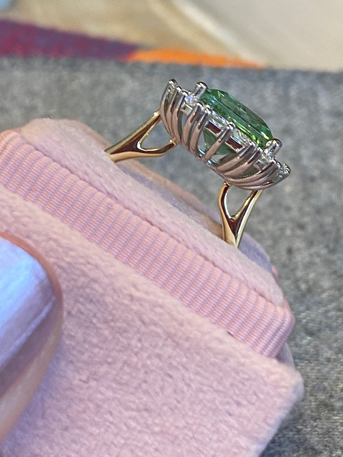 4.73 CTW Princess Cut Mint Tourmaline and Natural Diamond Ring in Platinum and 18ct Yellow Gold