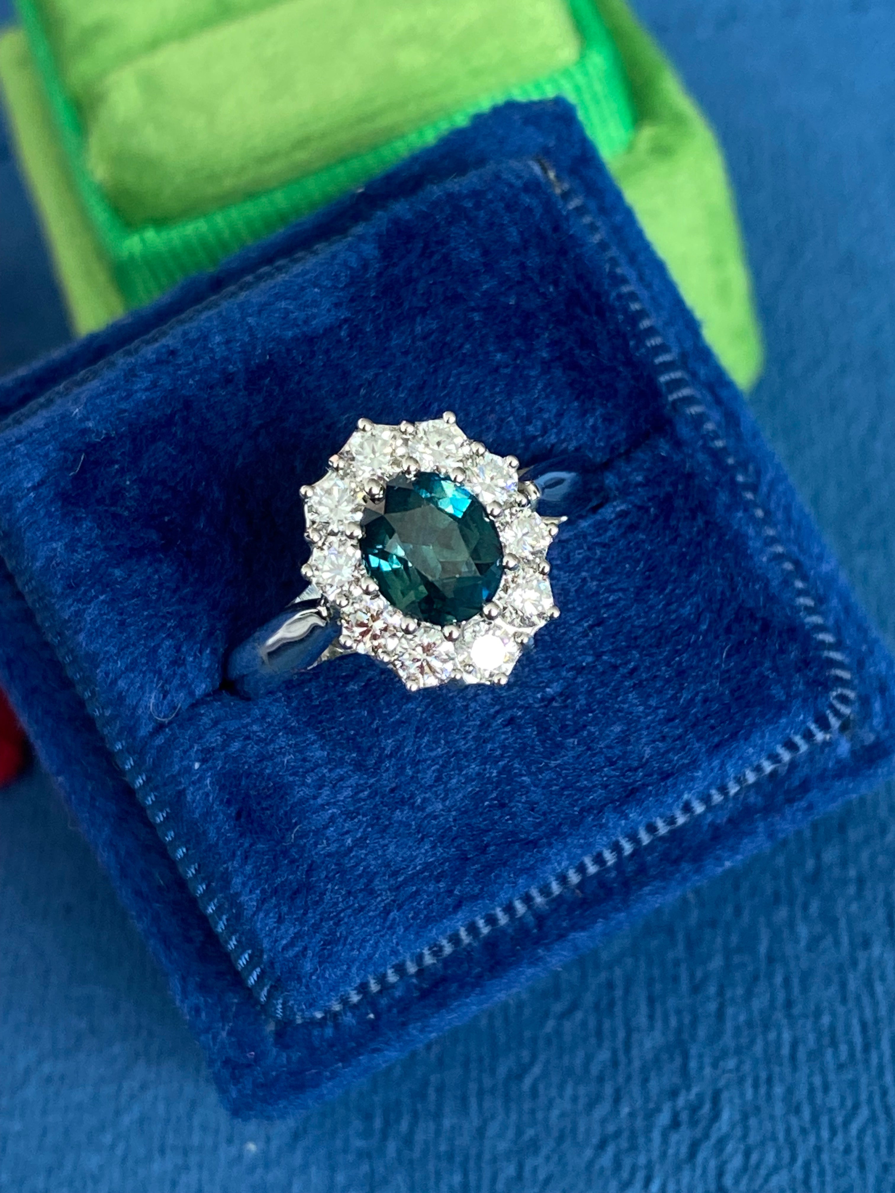 2.18 CTW Oval Cut Teal Sapphire and Natural Diamond Halo Ring in Platinum
