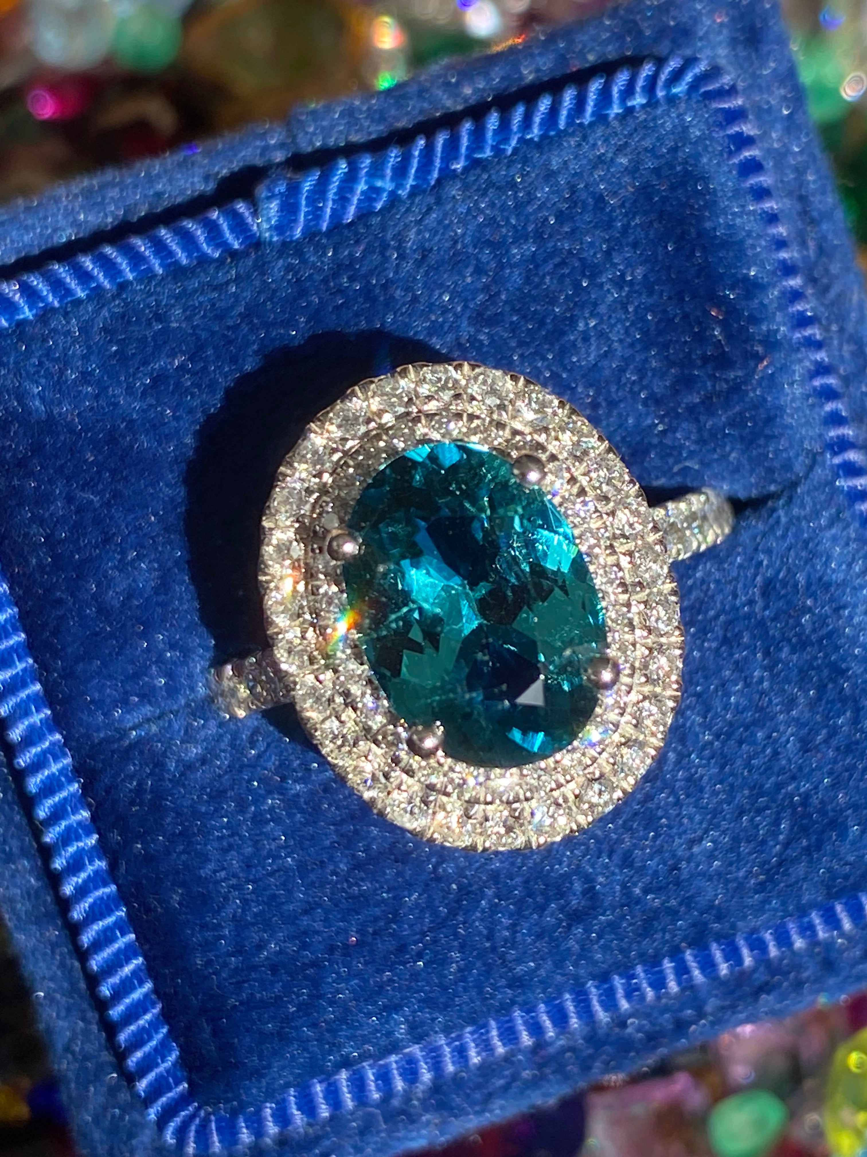 2.43 Carat Lagoon Tourmaline and Natural Diamond Double Halo Ring in Platinum