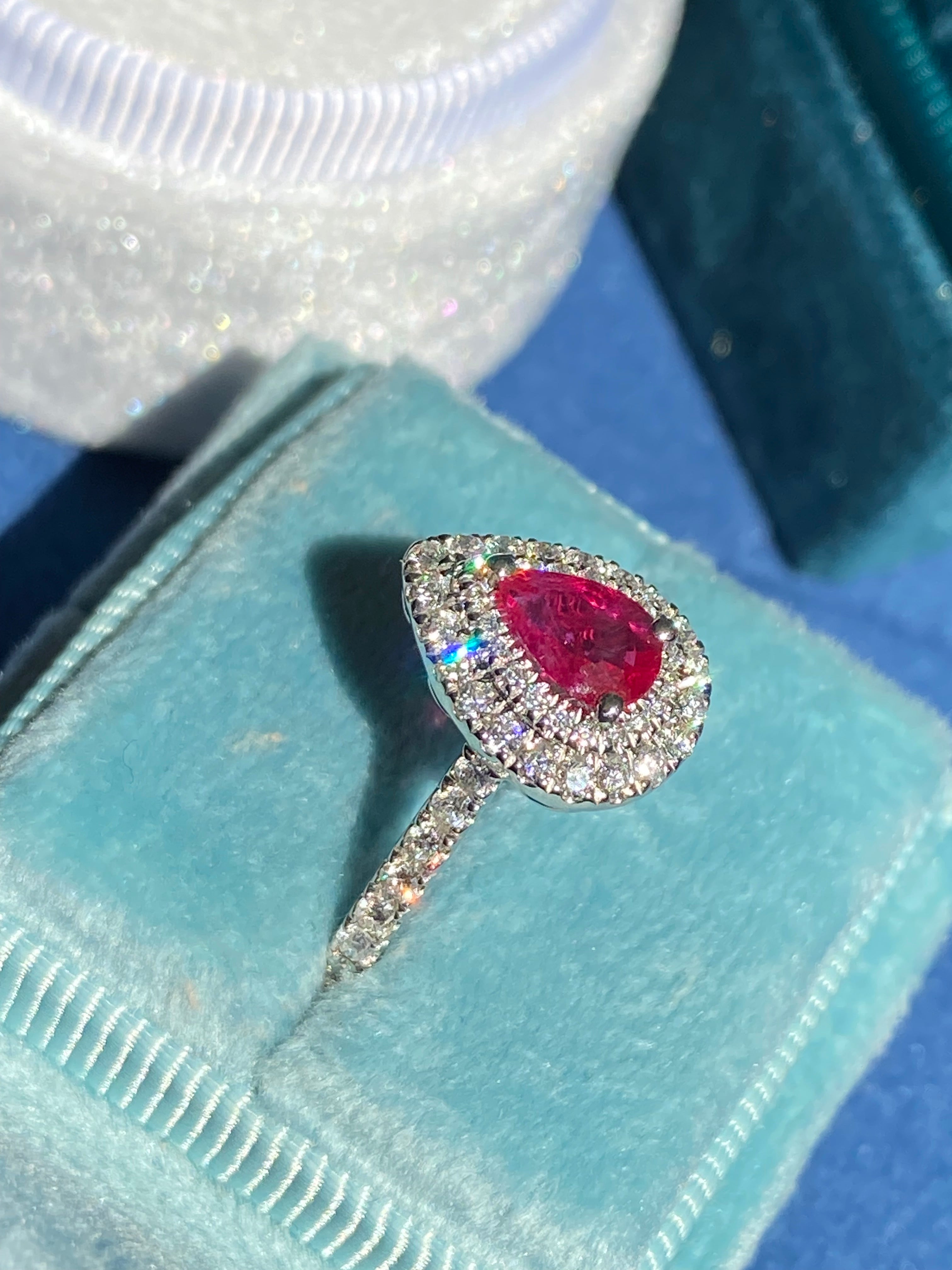 1.16 CTW Pear Cut Ruby and Natural Diamond Ring in Platinum