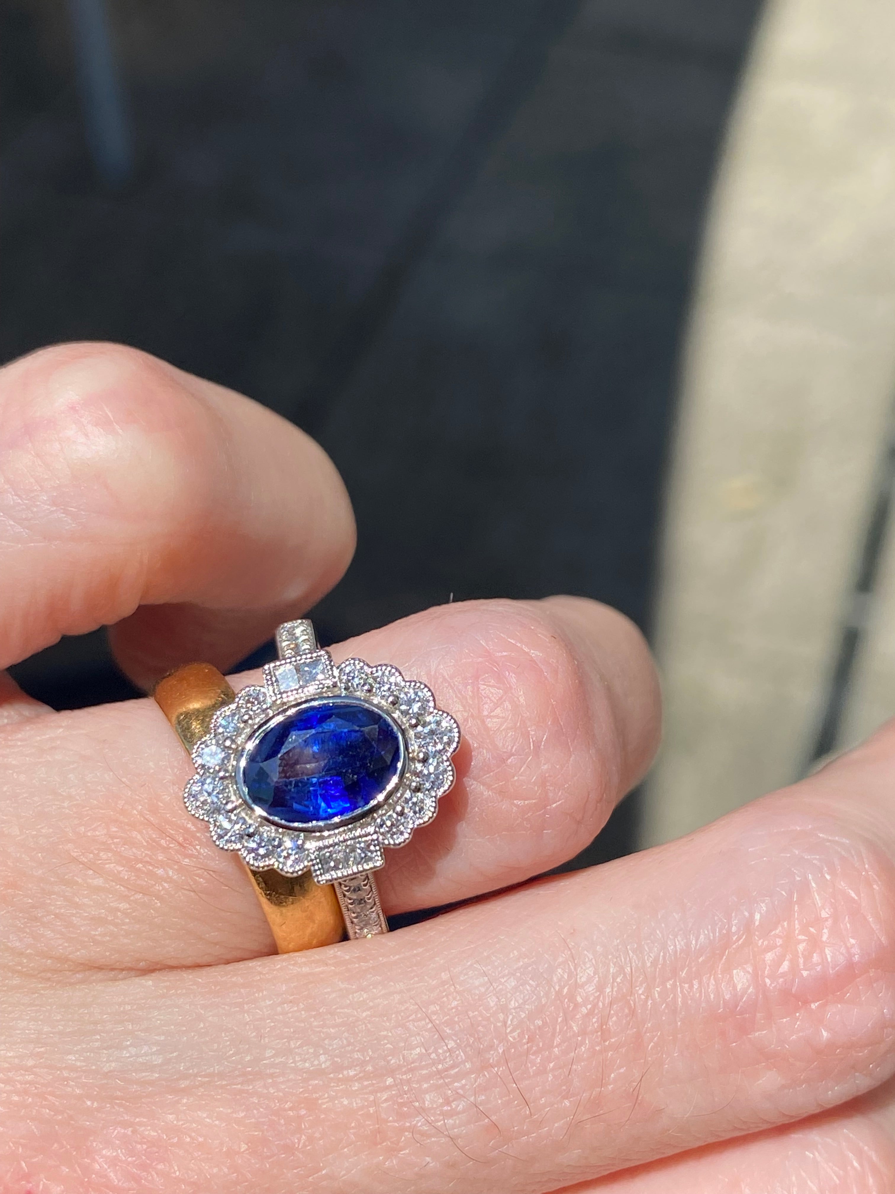 1.95 Carat Blue Ceylon Sapphire and Natural Diamond Halo Ring in Platinum