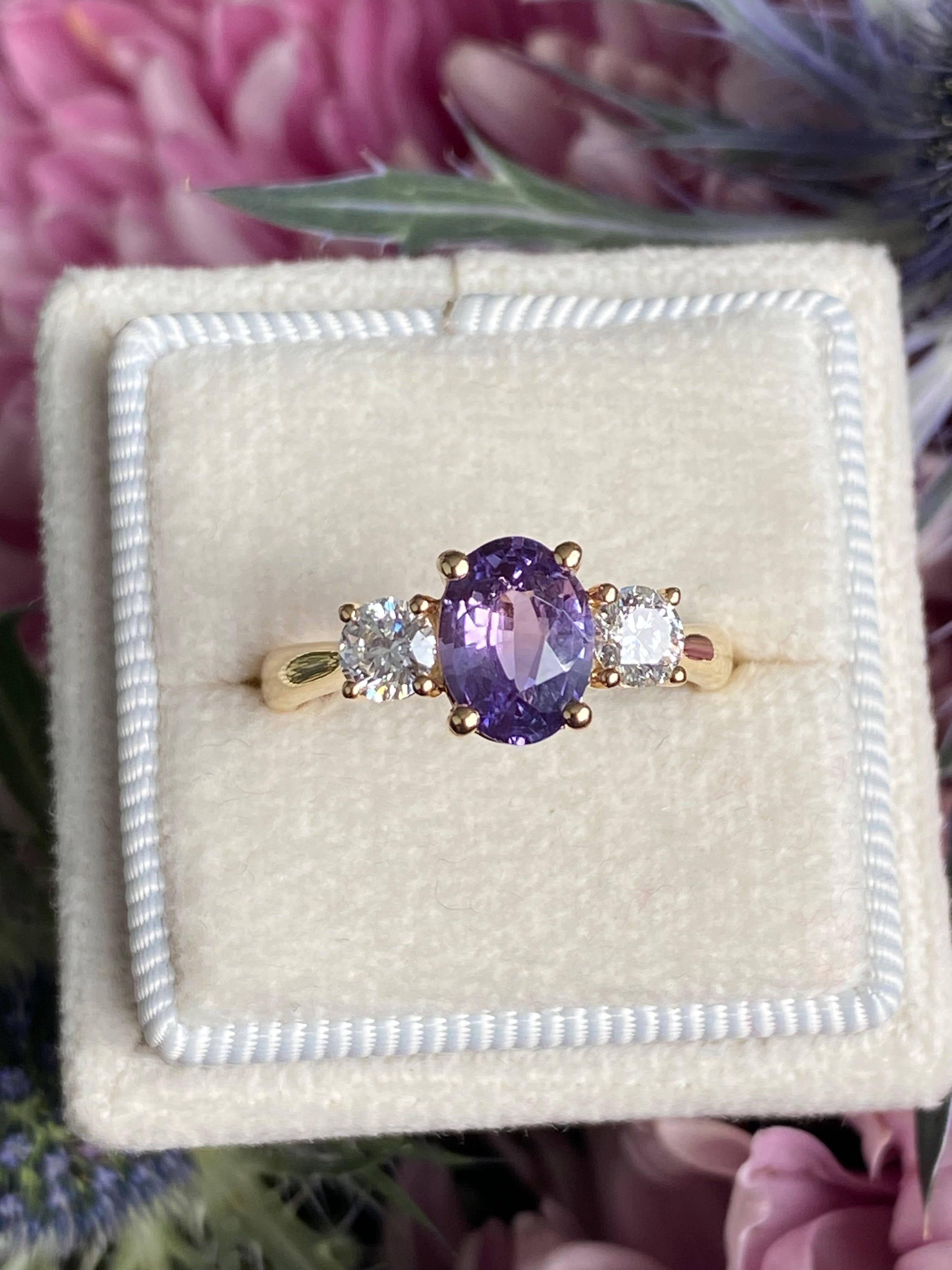 1.82 CTW Purple Sapphire and Natural Diamond Three Stone Ring in 18ct Yellow Gold