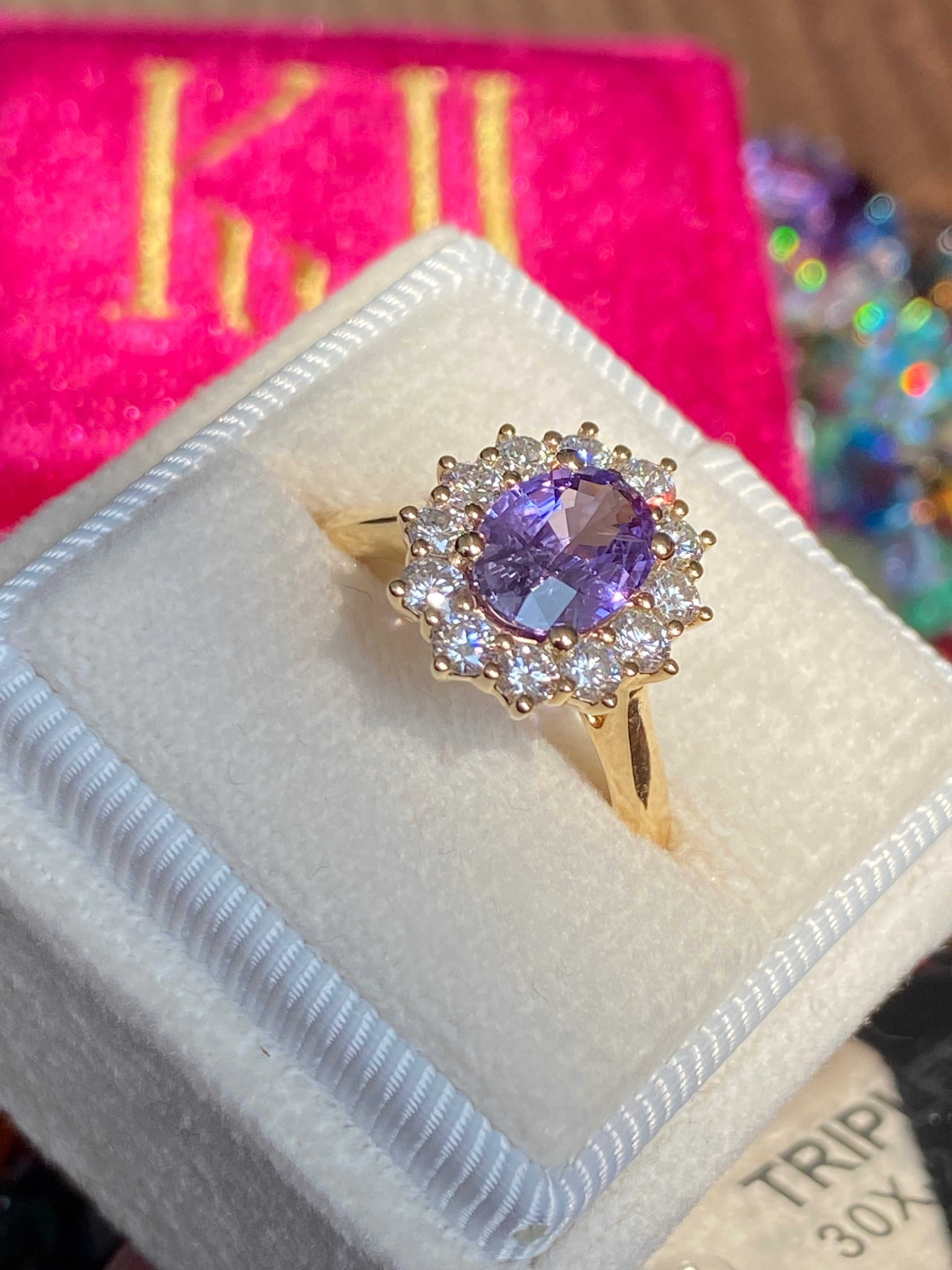 2.08 CTW Violet Sapphire and Natural Diamond Halo Ring in 18ct Yellow Gold