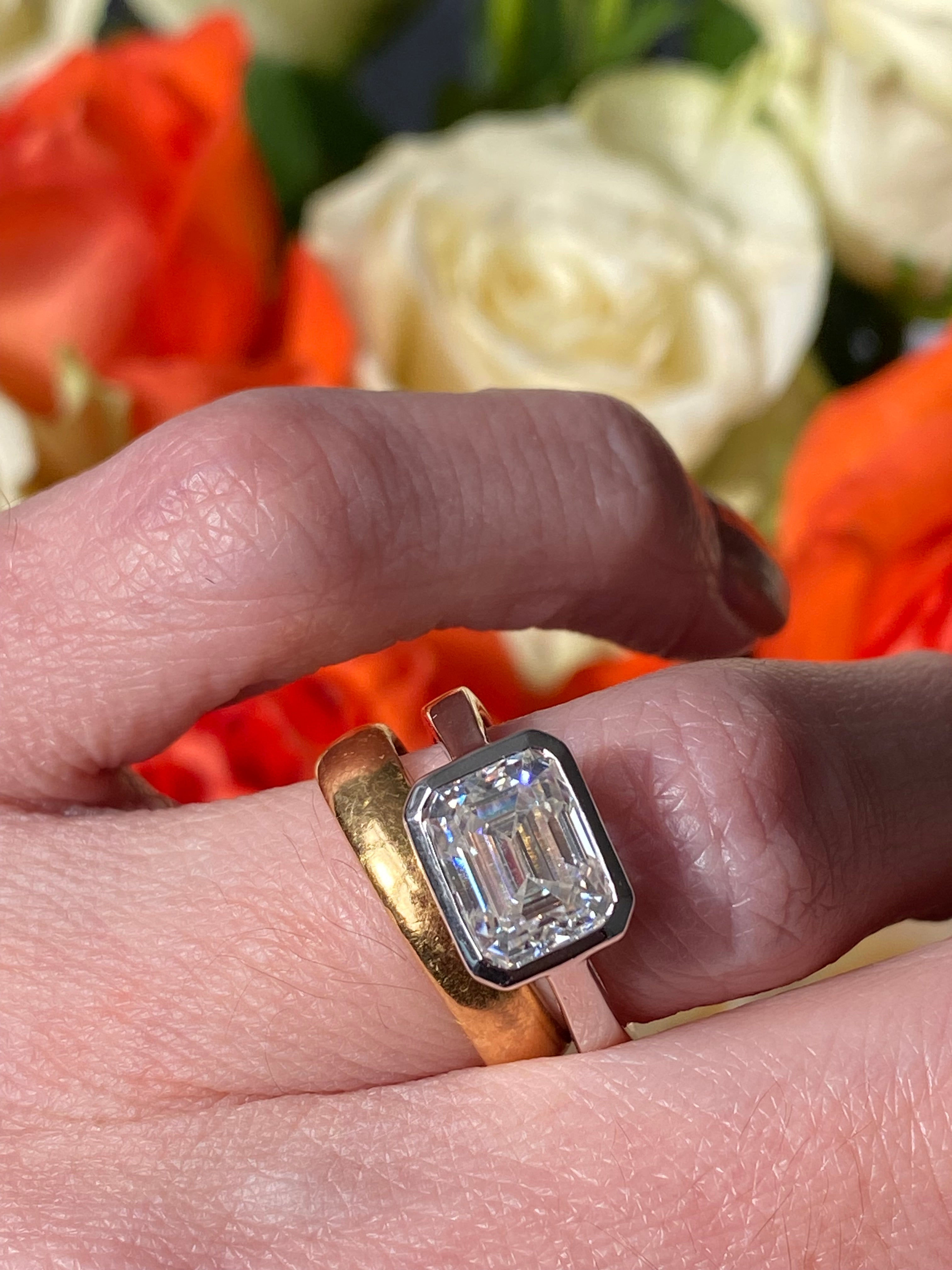 3.00 Carat Emerald Cut Moissanite East West Solitaire Ring in Sterling Silver