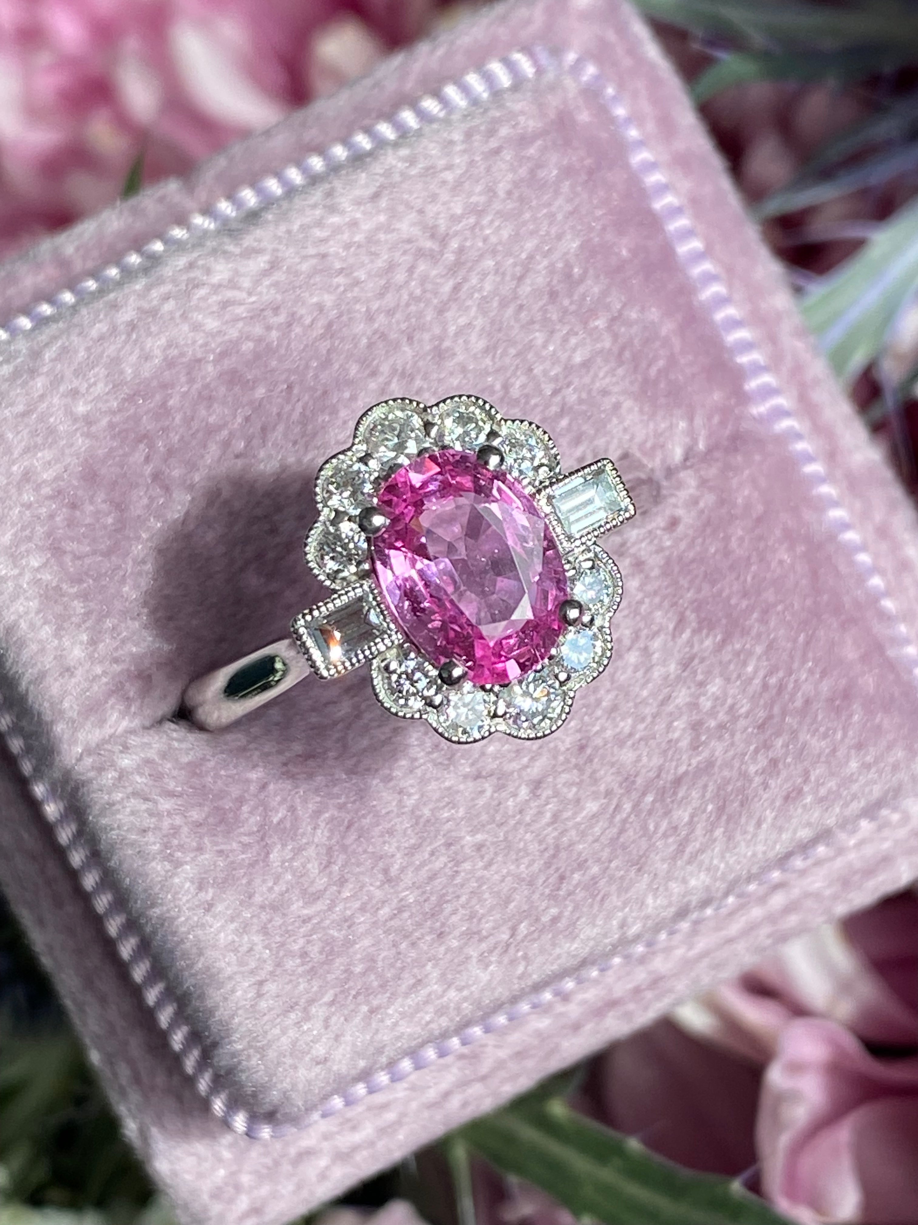 1.76 CTW Pink Sapphire and Diamond Art Deco Style Ring in Platinum
