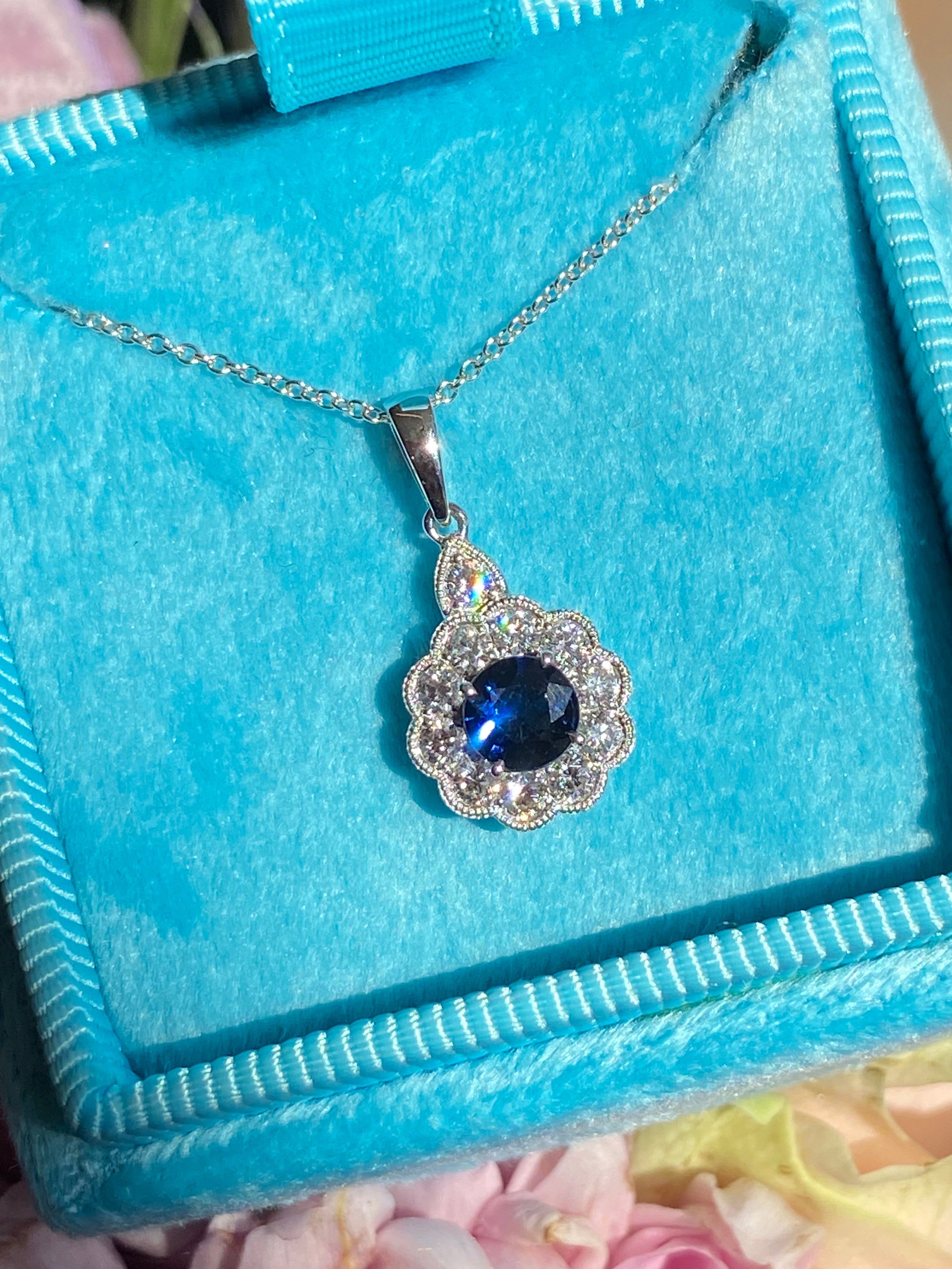 0.86 CTW Sapphire and Natural Diamond Pendant Necklace in 18ct White Gold