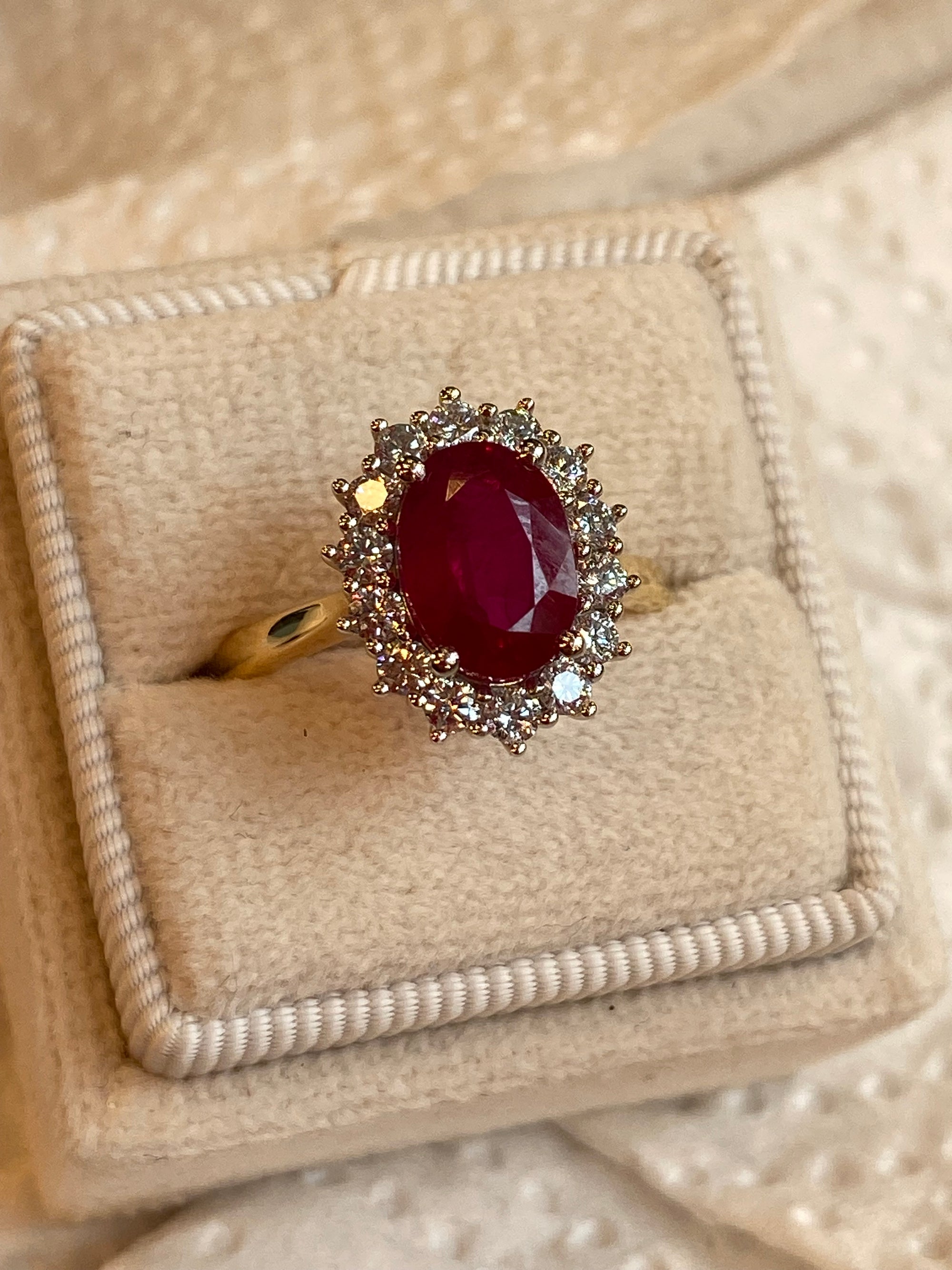2.95ctw Oval-Cut Ruby and Natural Diamond Halo Ring in Platinum and 18ct Yellow Gold