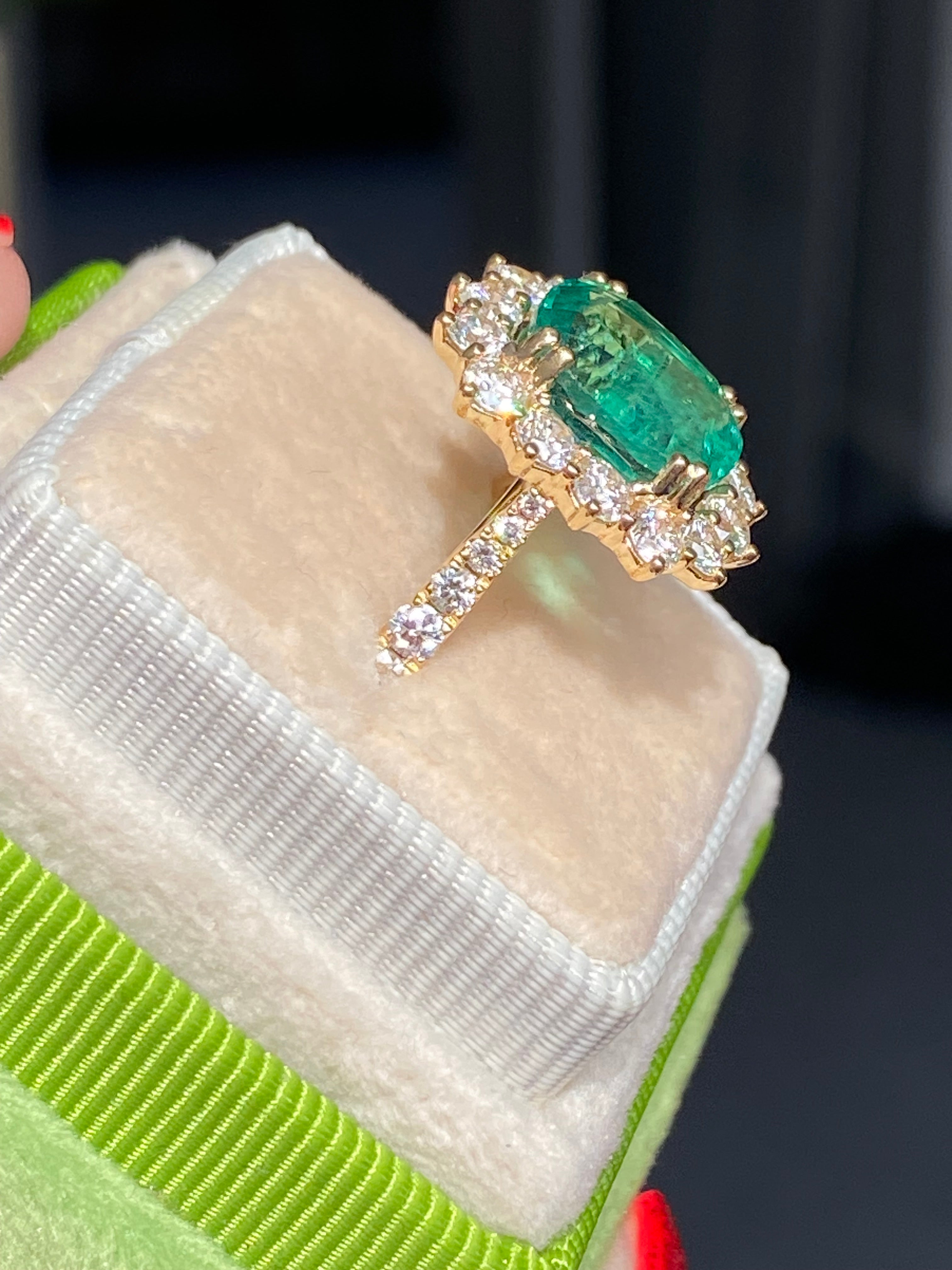 5.31 CTW Cushion Cut Emerald and Natural Diamond Halo Ring in 18ct Yellow Gold