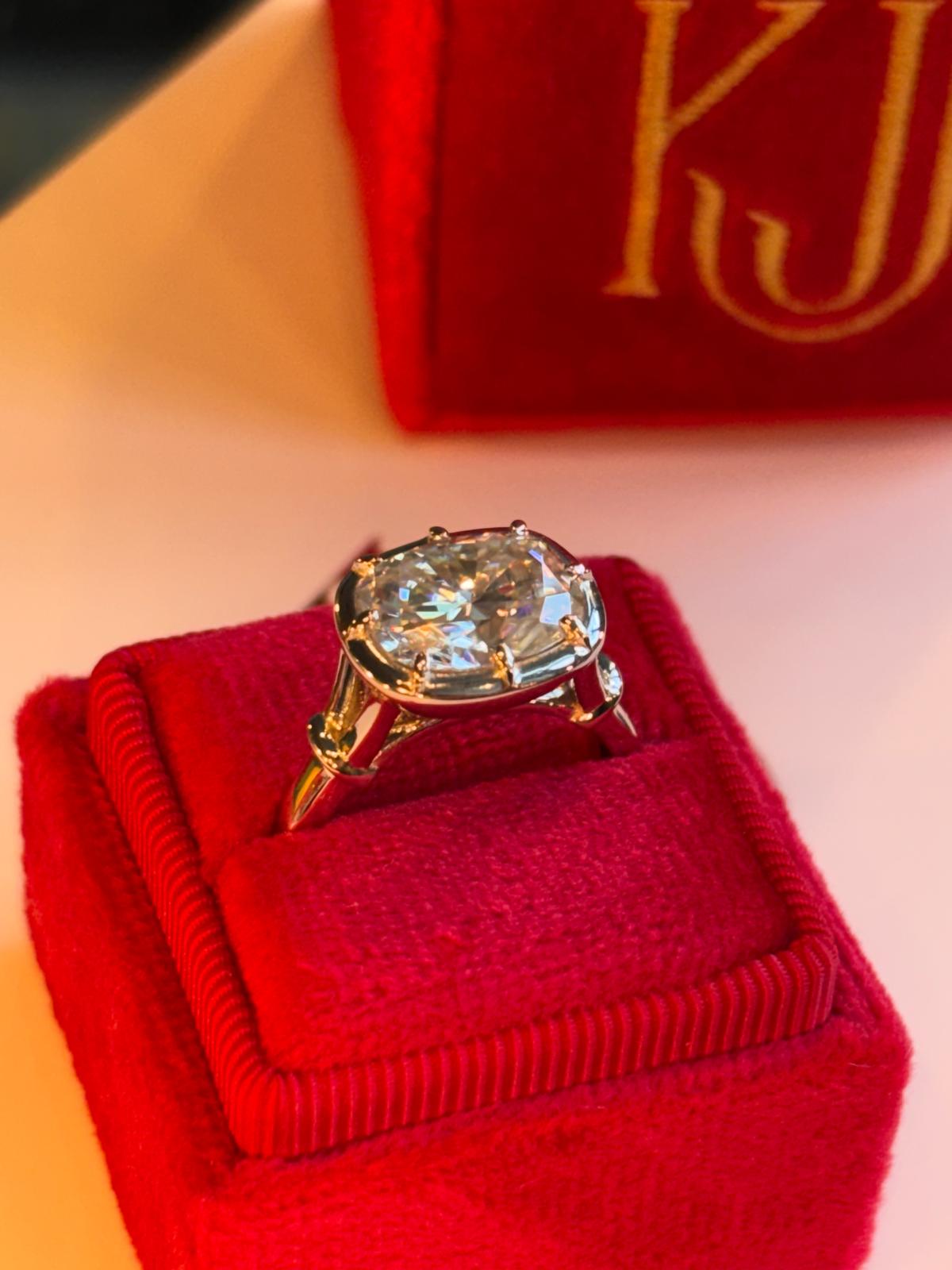 4.00 Carat Georgian Style Button Back Cushion Cut Moissanite East West Solitaire Ring in Sterling Silver