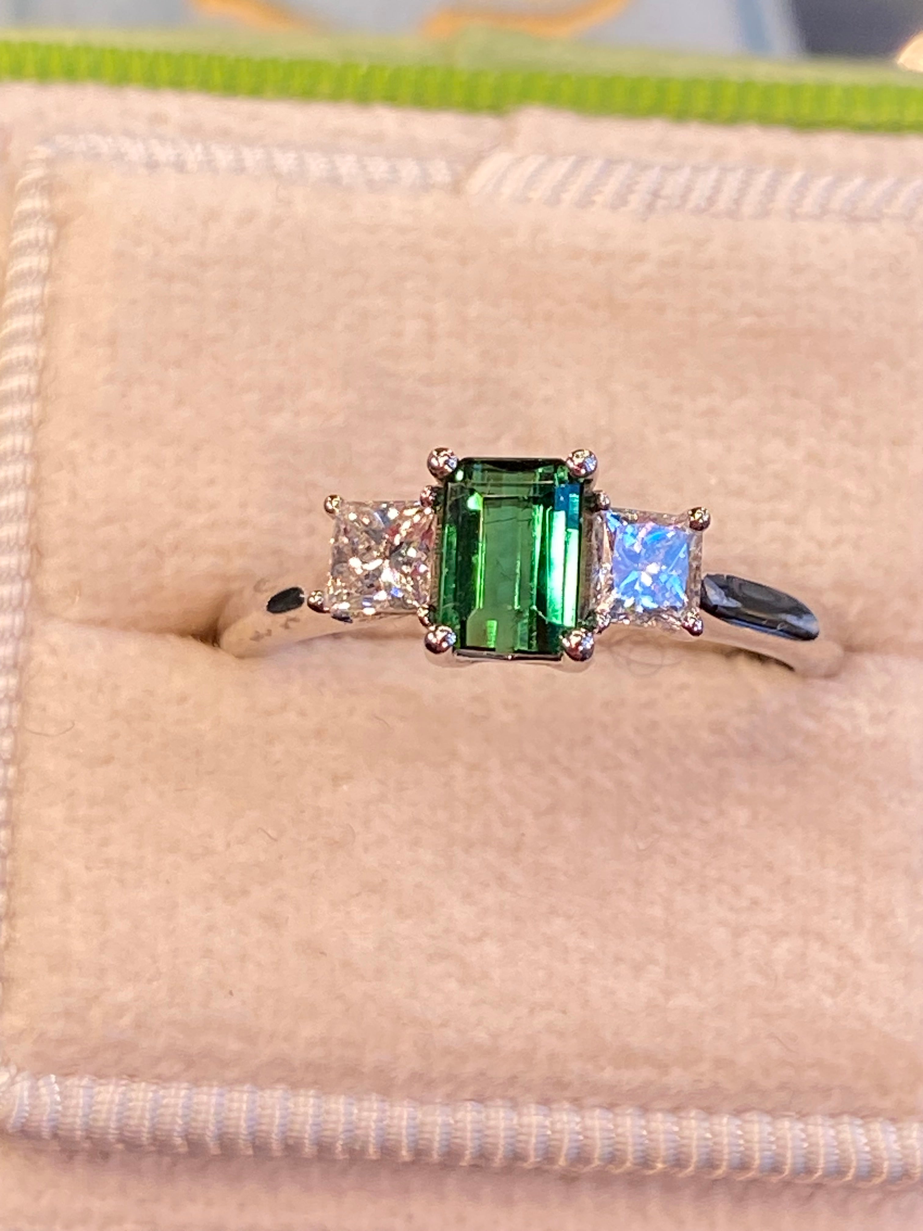 Beautiful Green Tourmaline and Natural Diamond Three Stone Ring in Platinum